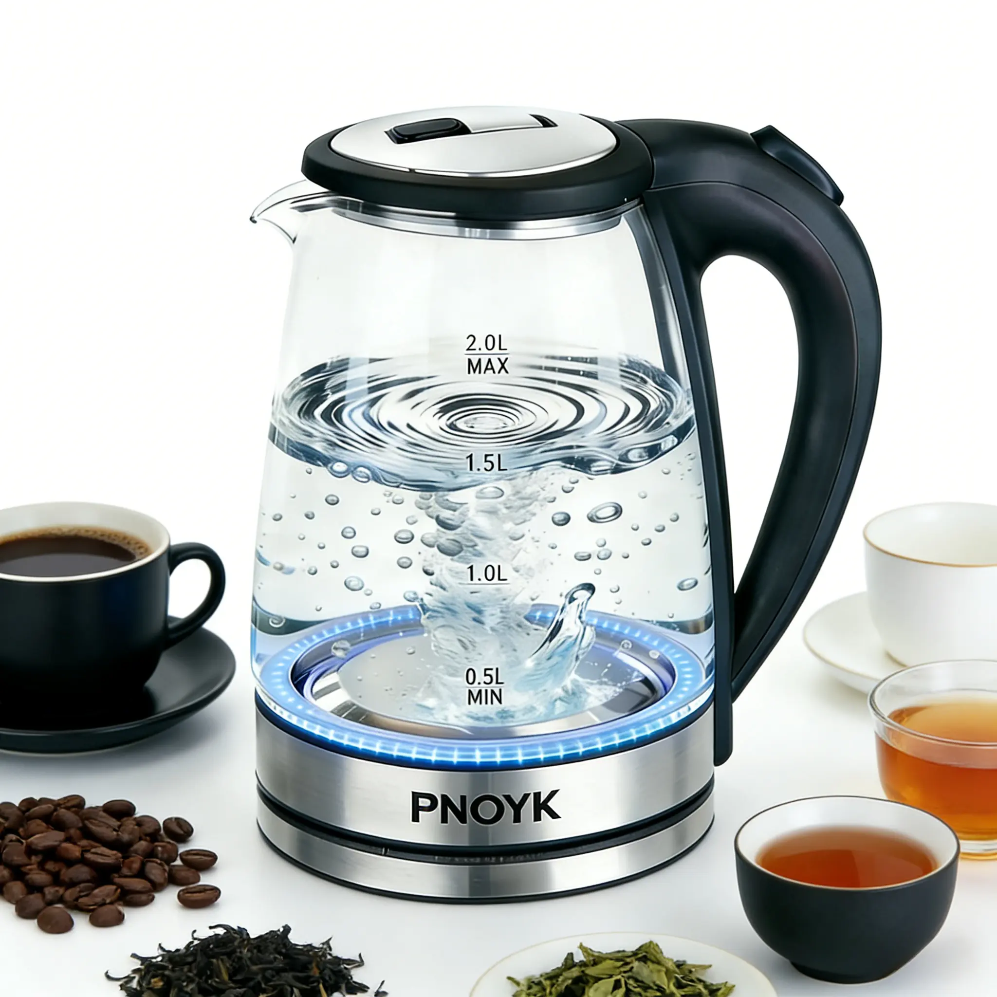 2.0L Borosilicate Glass Electric Kettle - 1500W Fast Boiling Kitchen Appliance, BPA-Free, Stainless Steel Base, Auto Shut-Off, Boil-Dry Protection, Ideal for Coffee Equipment, Home Decor & Tea Lovers