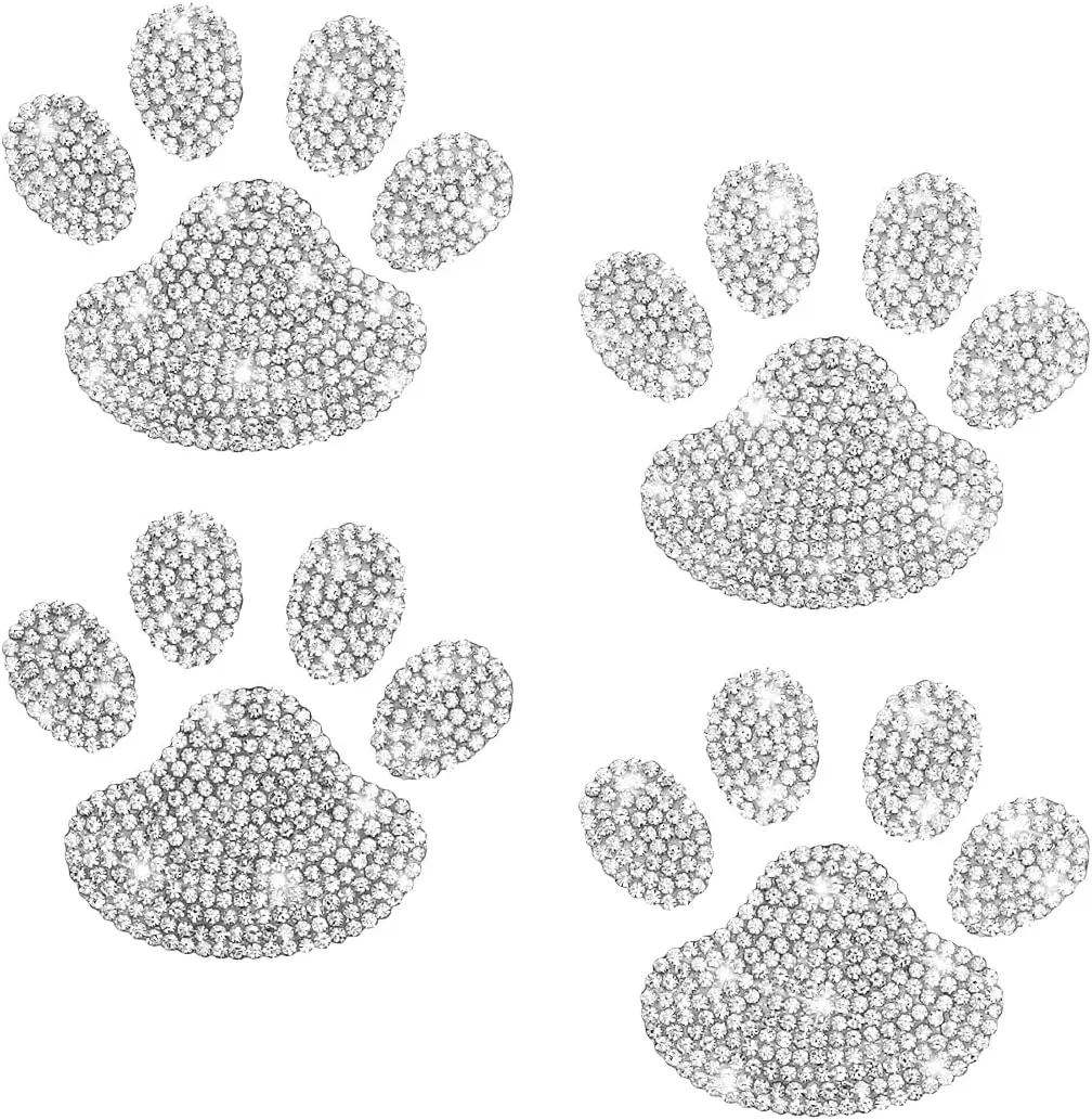 Women's 4PCS Animal Theme Bedazzled Crystal Rhinestone Dog Paw Print Sticker Set, Solid Color, Self-Adhesive, Water Resistant, Universal Alphabet Design, 2.36 x 2.75 inches, Car Exterior Accessories for Bumper, Window, As Picture Shown
