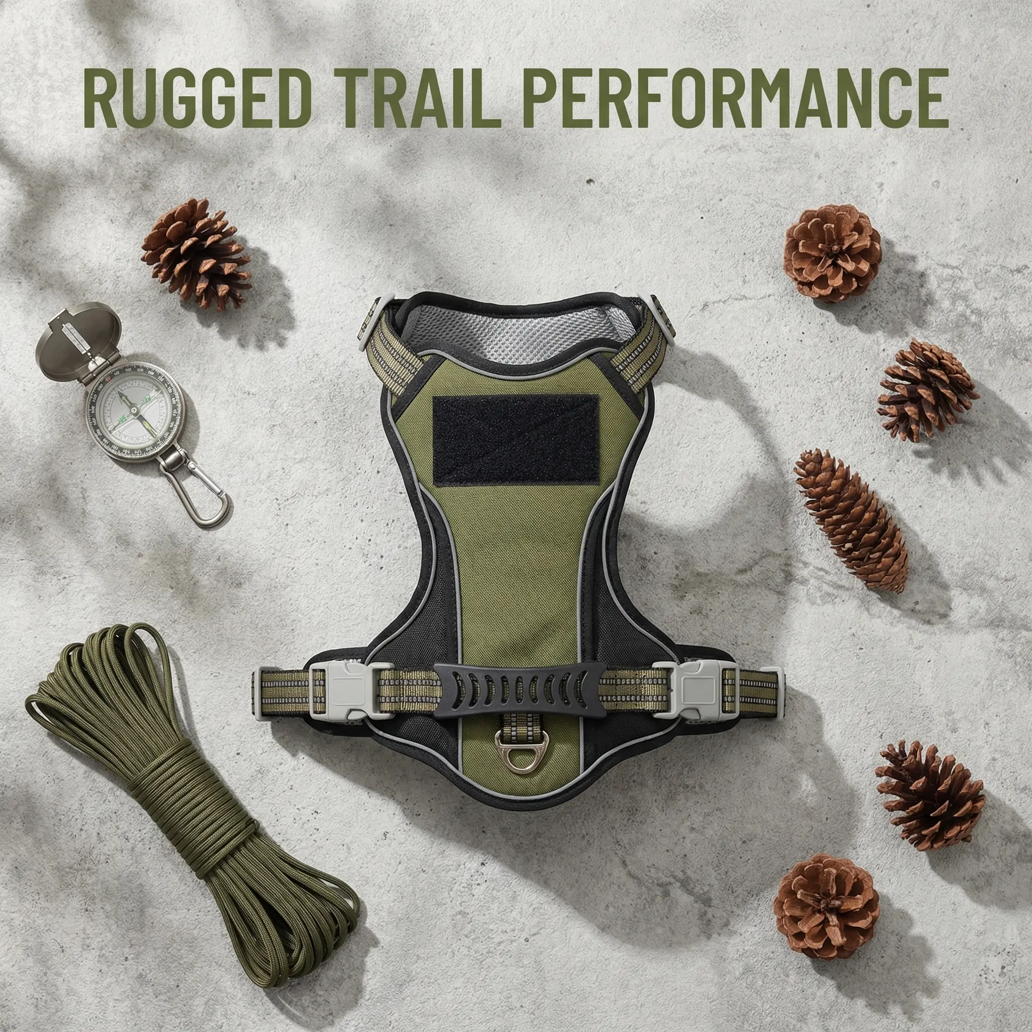 Tactical No-Pull No-Choke Dog Harness for Medium-Large Dogs (m Size), Rugged Oxford Vest with Emergency Control Handle, 360° High-Visibility Reflective Strips, Heavy-Duty Metal D-Ring, Mesh, for Casual Daily Strolls & Rugged Hiking Trips, Olive Green, Har