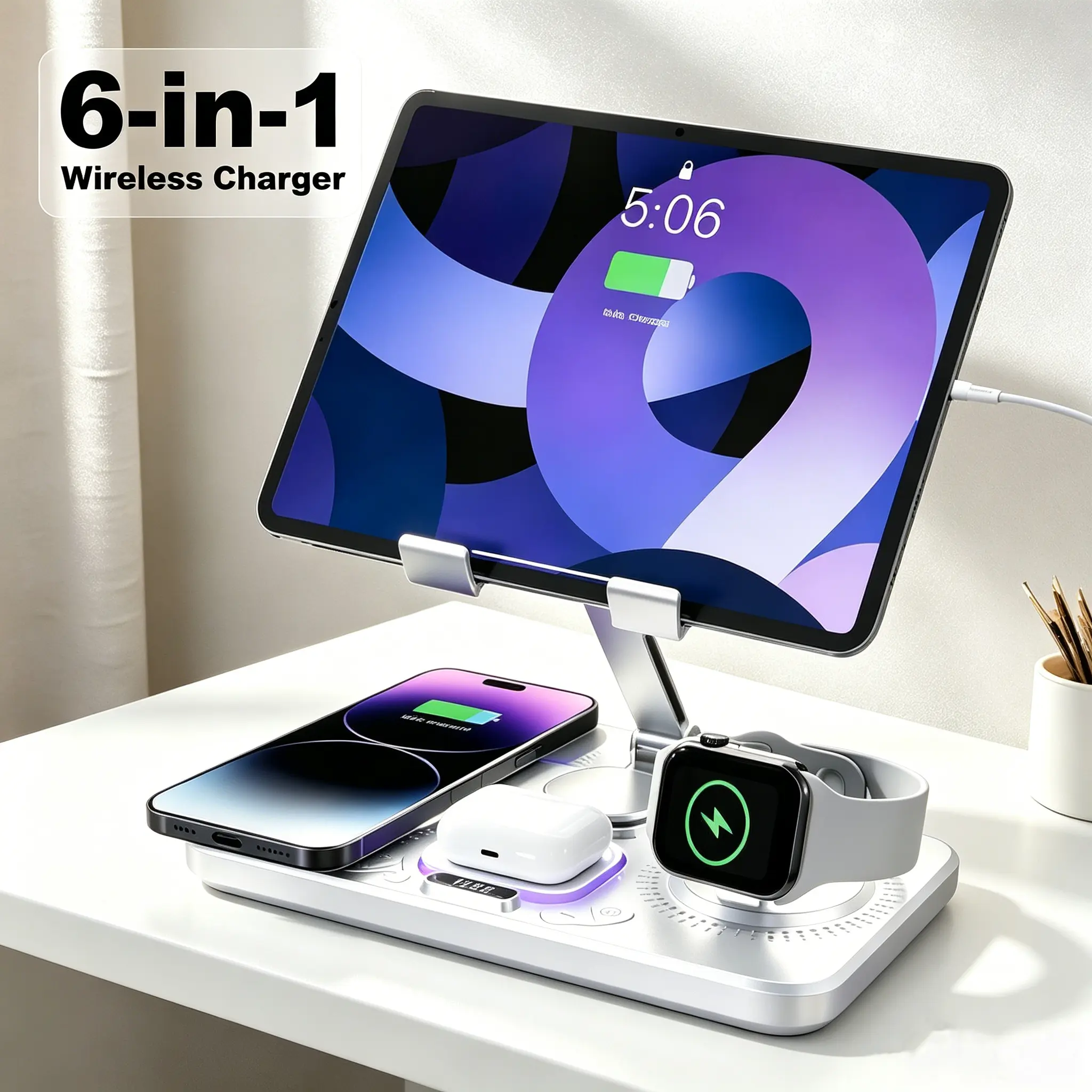 6-in-1 Wireless Charging Stand for Tablets, Phones Foldable, Portable Desktop Charger for iPhone 17 16 15 14 Pro Max 13 12 11 iWatch 11 10 9 8 76 5 4 3 2 SE AirPods4  3 2 Pro Multiple Devices Compatible with Android Phones and Smartwatch tiktokshopspringg
