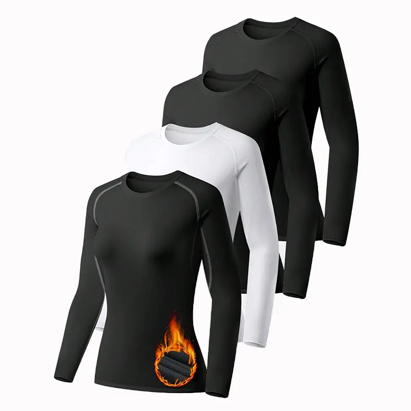 Women's 4 Pack Thermal Base Layers, Fleece Lined Long Sleeve Pull On Compression Shirts for Winter, Lady, Basic, Do Not Dry Clean, Style, Essential, Crew Neck