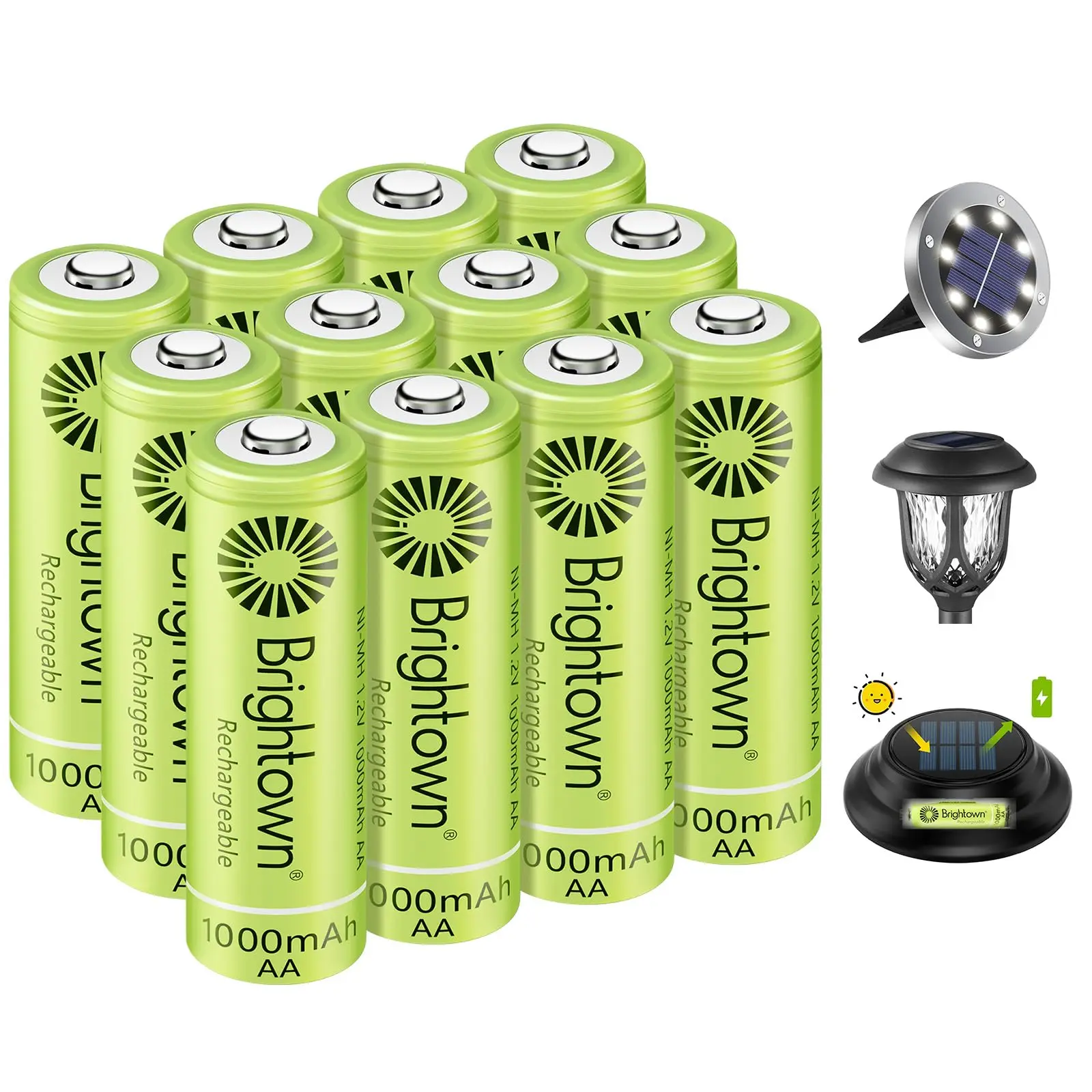 Brightown 12-Pack Rechargeable AA NiMH Batteries - 1000mAh 1.2V High Capacity, Pre-Charged, Recharge Up to 1000x, Ideal for Solar Lights, Home Devices, Wireless Game Accessories, Digital Charging Needs, Portable