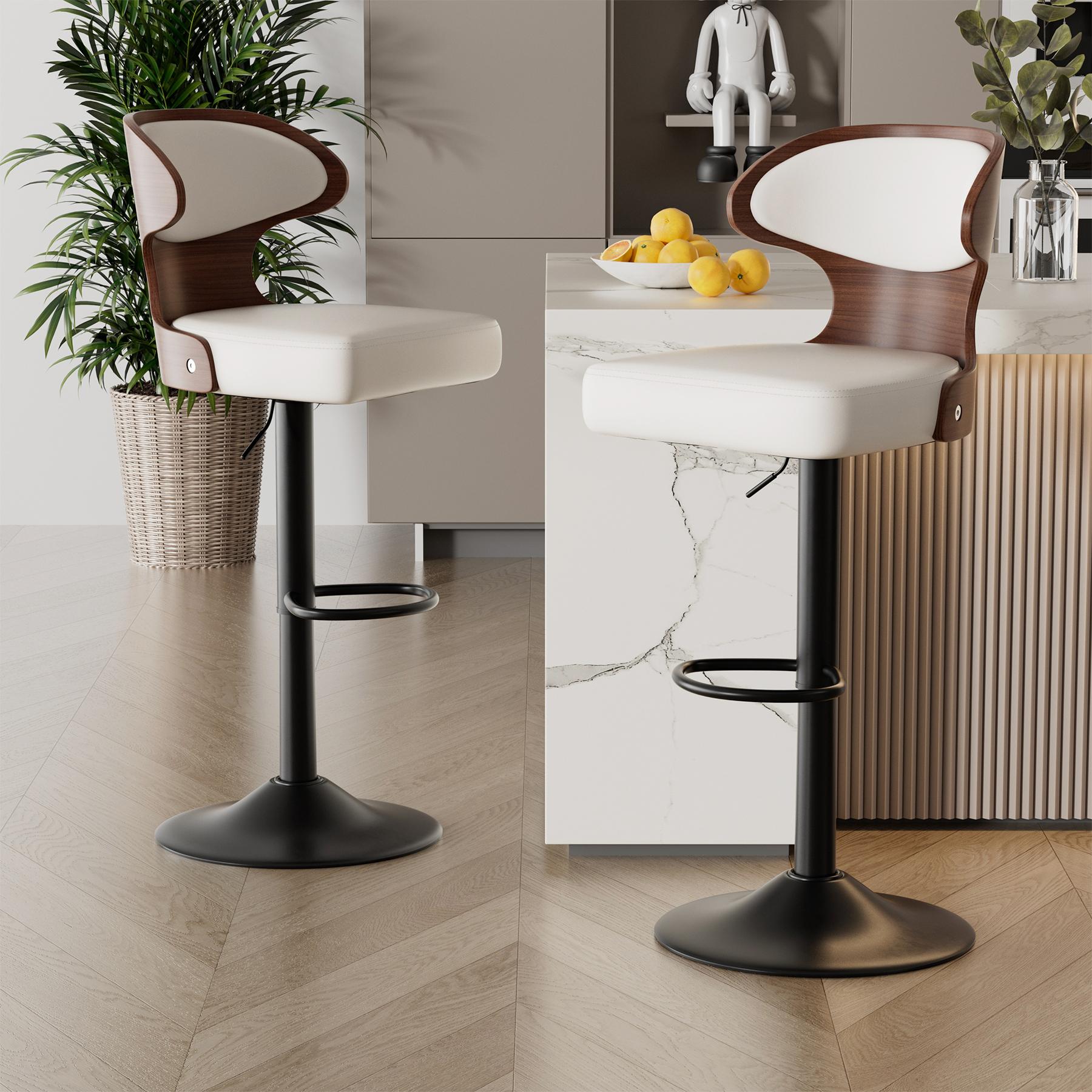 Bar Stools Set of 2 Seat Adjustable Height 24.5-33.5IN - Bentwood Swivel Barstools with Back & Footrest - PU Leather Upholstered Bar Chair for Bar, Kitchen, Dining Room