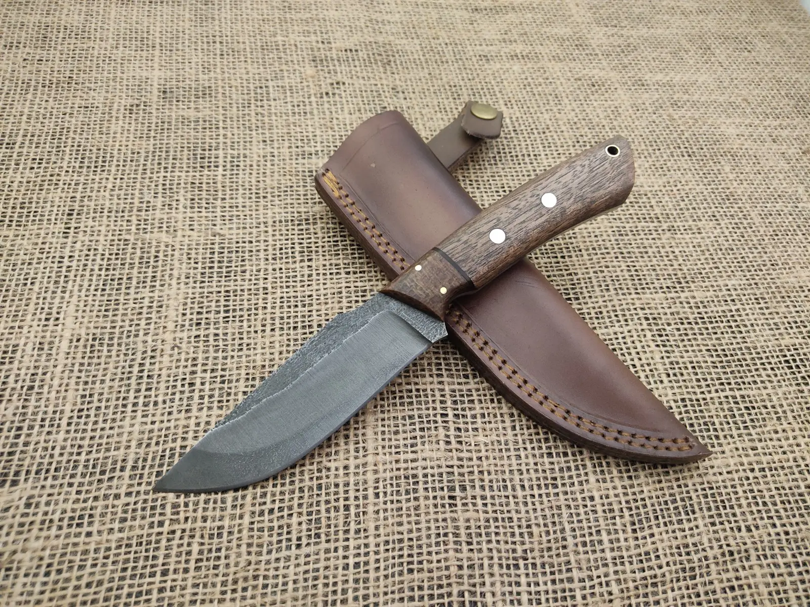 Handmade 1095 High Carbon Steel Fixed  Hunting Knife | Acid Washed Camping Survival Skinner Knife with Walnut Wood & Micarta Handle – 9.5” Outdoor Knife