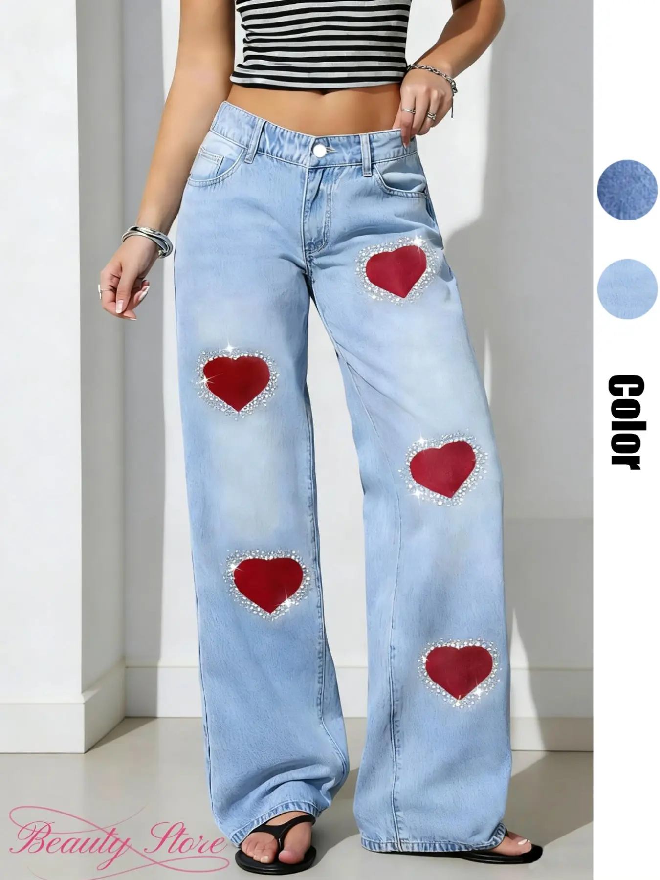 Women's Rhinestone Embroidered Light Wash Denim Jeans, Rhinestones Decor Jeans, High Waist Button Fly, Loose-Fit Floor-Length, Elegant Casual Pants for All Seasons