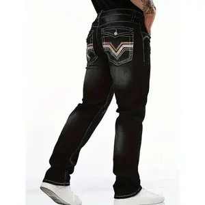 Men's Classic Embroidered Pocket Elastic Waist Jeans Casual Cotton Pants Denim Menswear Trouser
