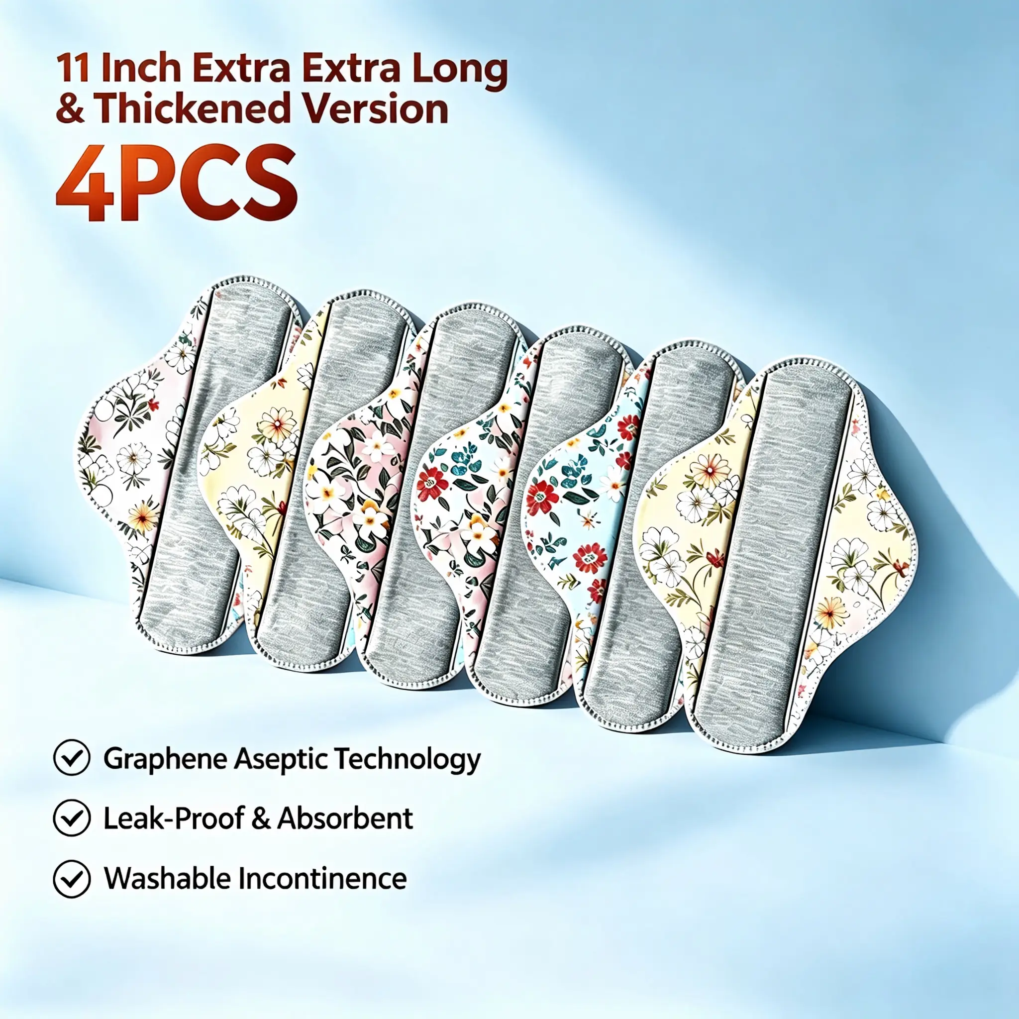 Women's Extra Long 11 Inch Thickened Graphene 4-Pack Washable Reusable Organic CottonIncontinence Pads with Graphene Technology - Leak-Proof,Absorbent, Breathable for Elderly Care