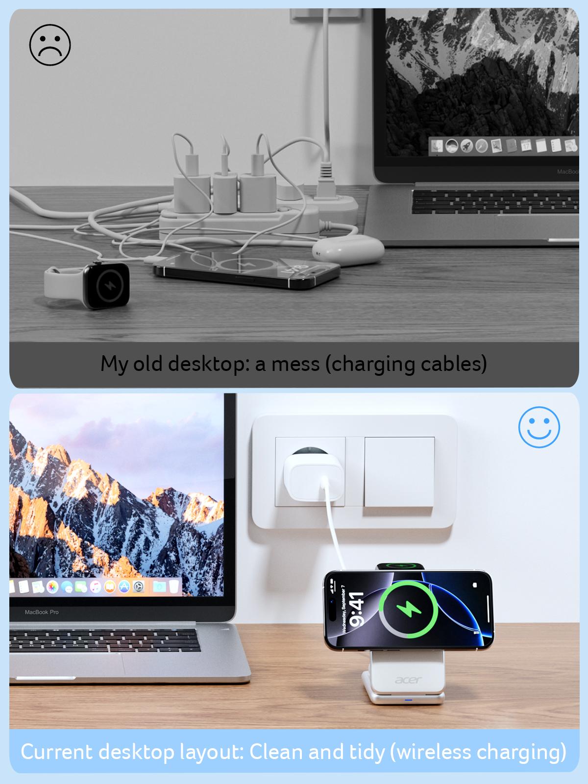 Acer S3 3 in 1 Wireless Charging Station, MagSafe Charger Stand Compatible, Qi2 15W Certified Palm-Sized Foldable Charger for iPhone 17/16, Apple Watch, AirPods (Non-Battery, Adapter Included)