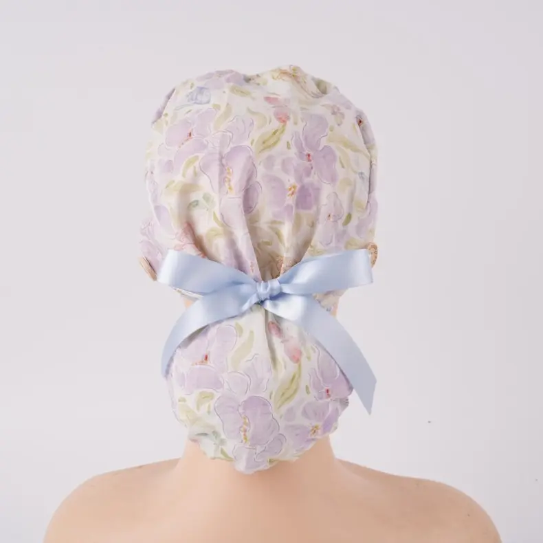 Watercolor Flower Bufferflies Ponytail Scrub Cap Sweatband & Buttons Lt.Purple Women Surgical Cap Dr Nurse Medical Hat Handmade