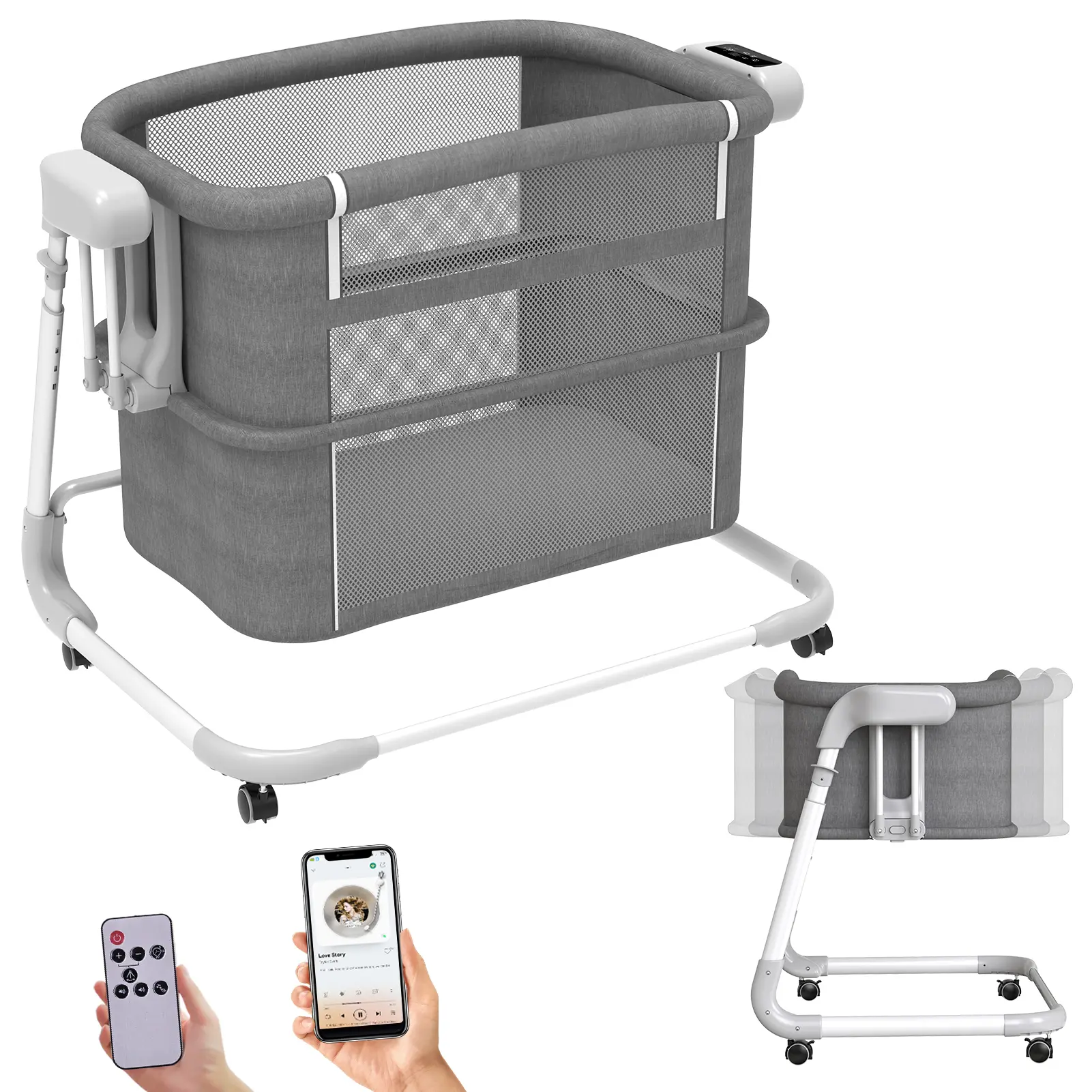 Electric Rocking Bassinet for Baby, Automatic Bluetooth Baby Bassinet with Wheels,4 Height Adjustable Baby Bassinets Bedside Sleeper, 5-Speed Swing Smart Infant Newborn Rolling Crib
