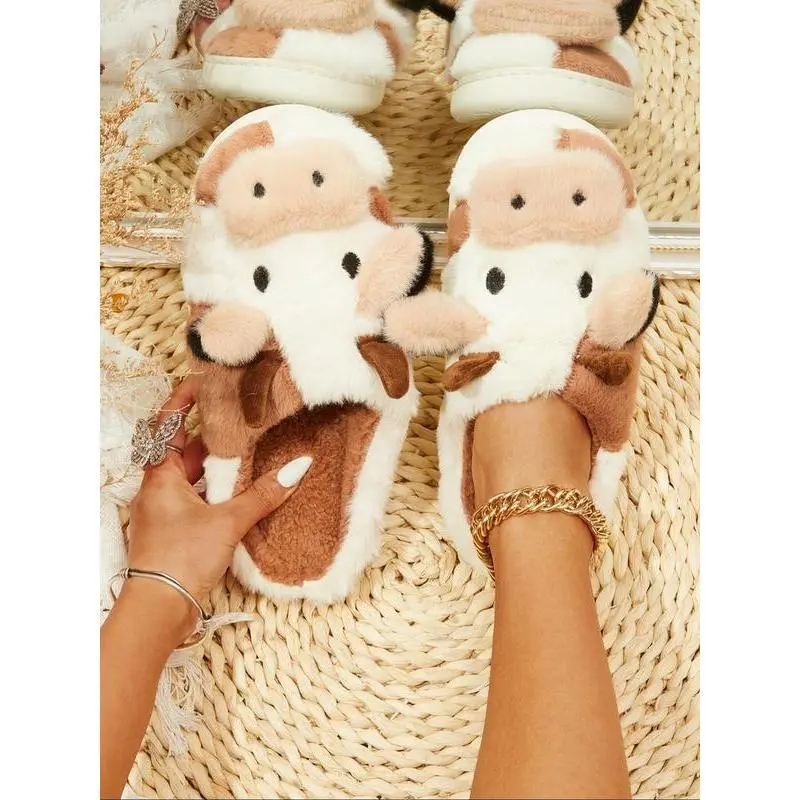 Women's Cute Cozy Fuzzy Plush Cow Slippers, Matching Soft Comfortable Fluffy House Slippers, Warm Slippers for Indoor & Outdoor Use for 2026 Fall & Winter