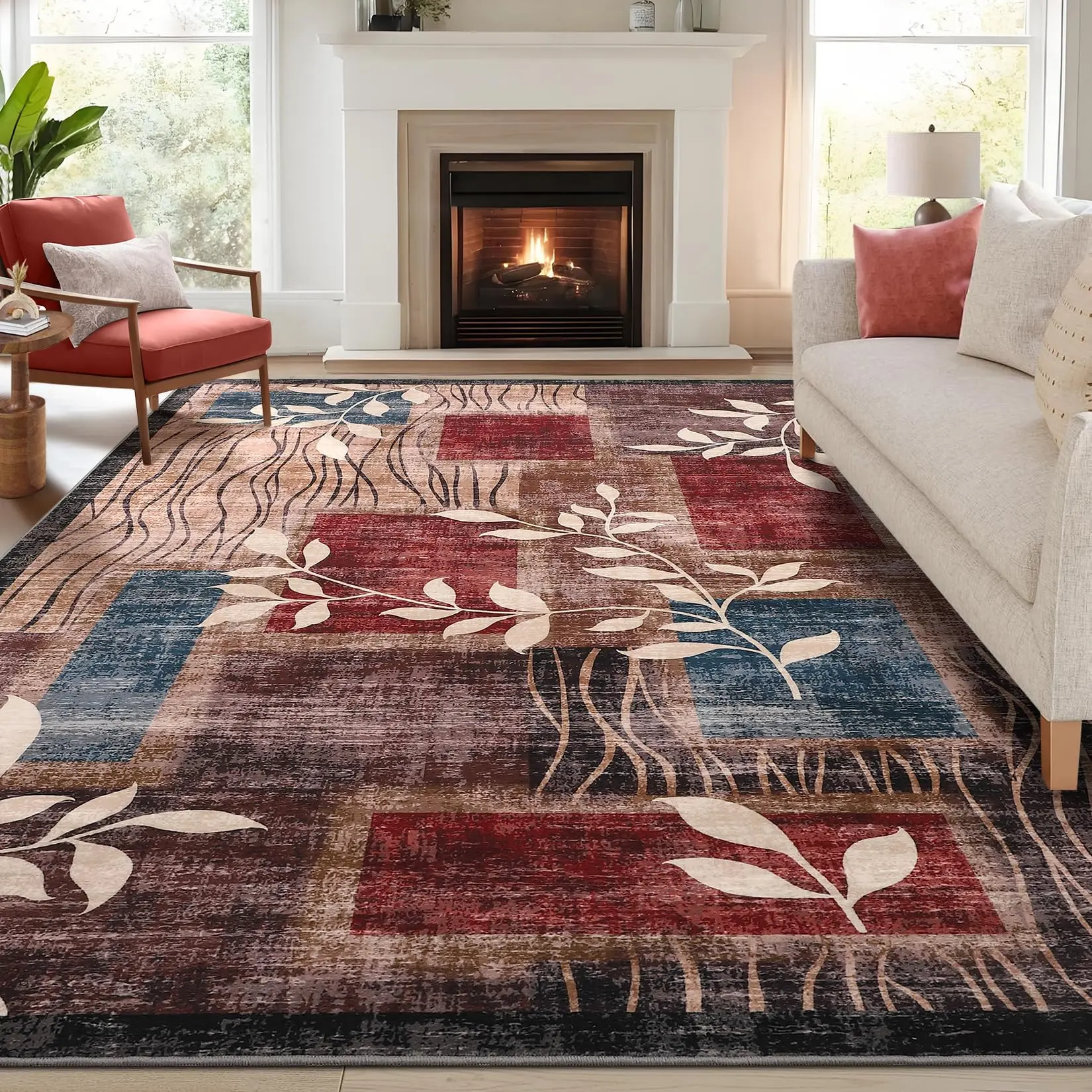 GARVEE Washable Rug 9x12 Area Rugs for Living Room Geometric Carpet Floral Rug Stain Resistant Rug Non-Slip Ultra-Soft Room Decor Plaid Rug for Dining Room Guest Room Office Farmhouse 9x12 Red
