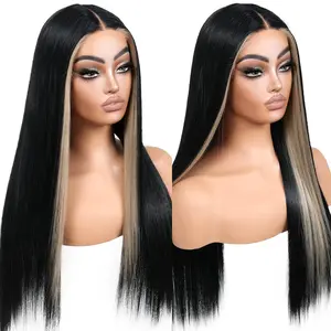 13×4 Lace Front Wig, 26 Inch Pre-Plucked Synthetic Straight Hair for Women, Natural Hairline, Black Blonde Skunk Stripe