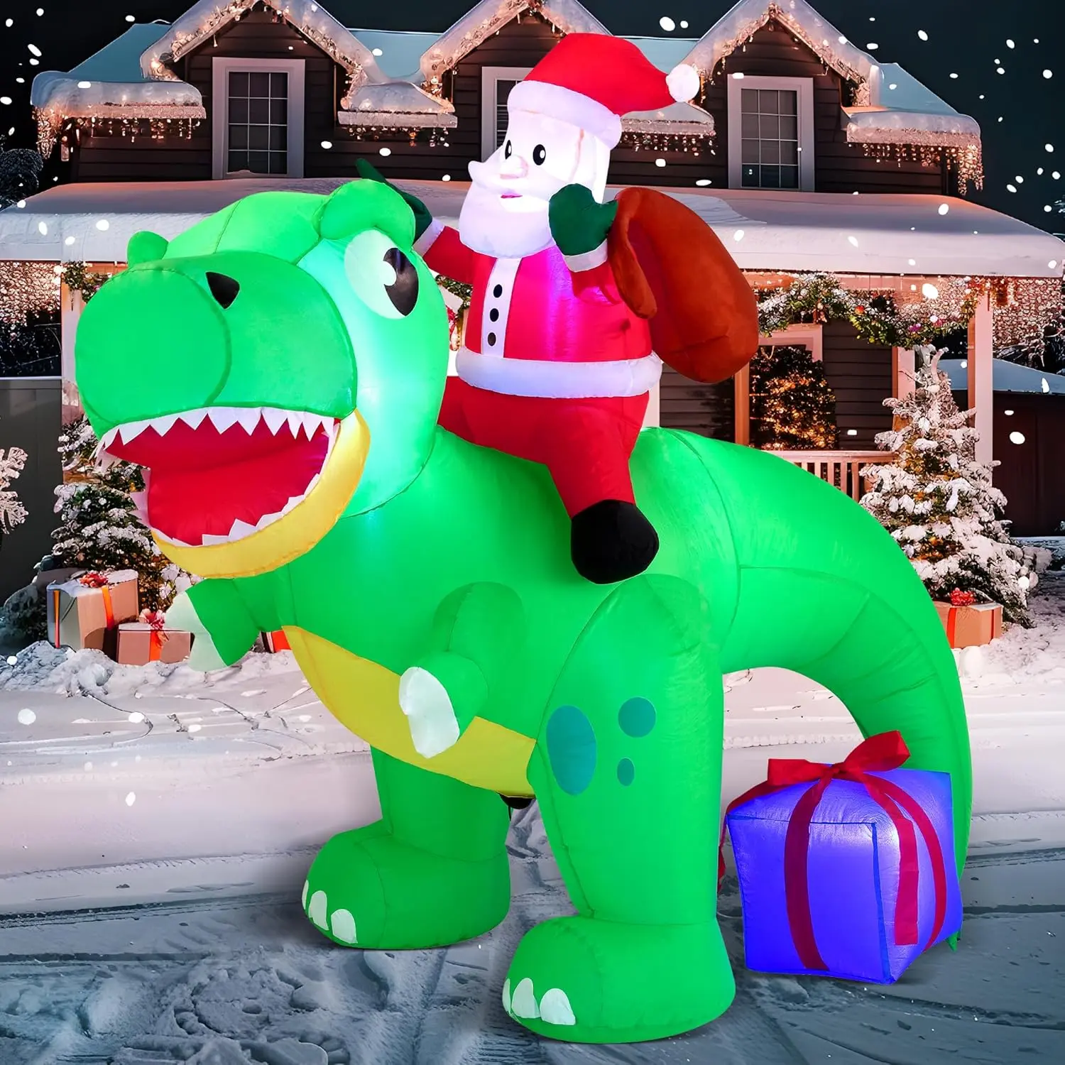 6FT Christmas Inflatable Dinosaur with Build-in LEDs, Christmas Inflatable Outdoor Decoration Xmas Party Indoor, Outdoor, Yard, Garden,Christmas Blow Up Yard Decoration