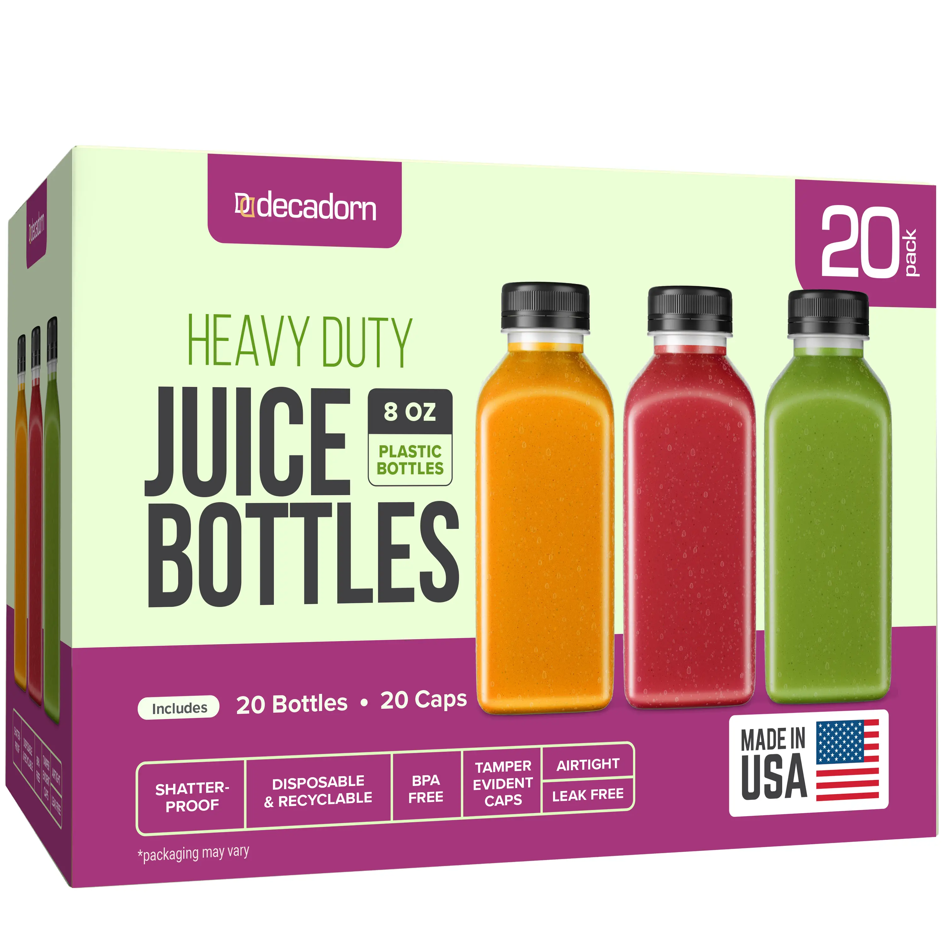 DECADORN 8oz 20pcs Plastic Bottles With Caps - Juicing Bottles For Juicing - MADE IN USA Clear Mini Bottle With Lids - Drink Container - Shatterproof, BPA-Free, Leak proof, Disposable & Recyclable