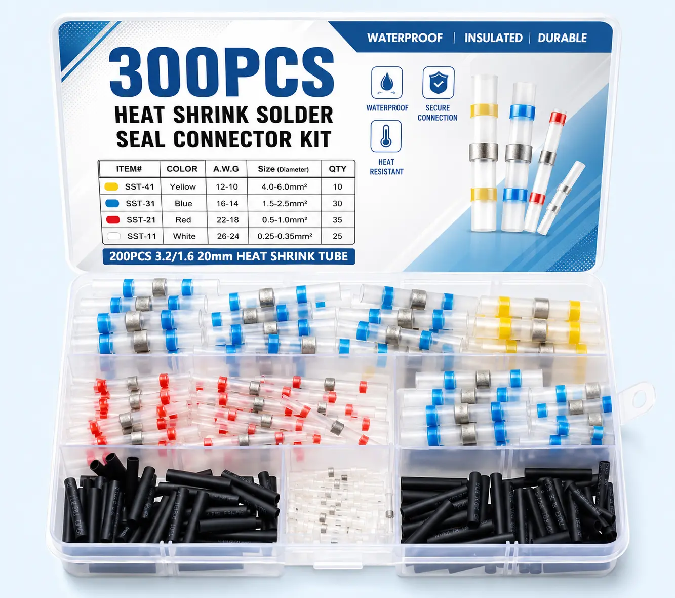 300PCS Solder Seal Wire Connectors - Waterproof, Water Resistant, Insulated Polyolefin Butt Shape Connectors with Self-Solder Function, Storage Box Included for Marine, Automotive Use, Father's Day Gifts, Insulation, Seal & Solder