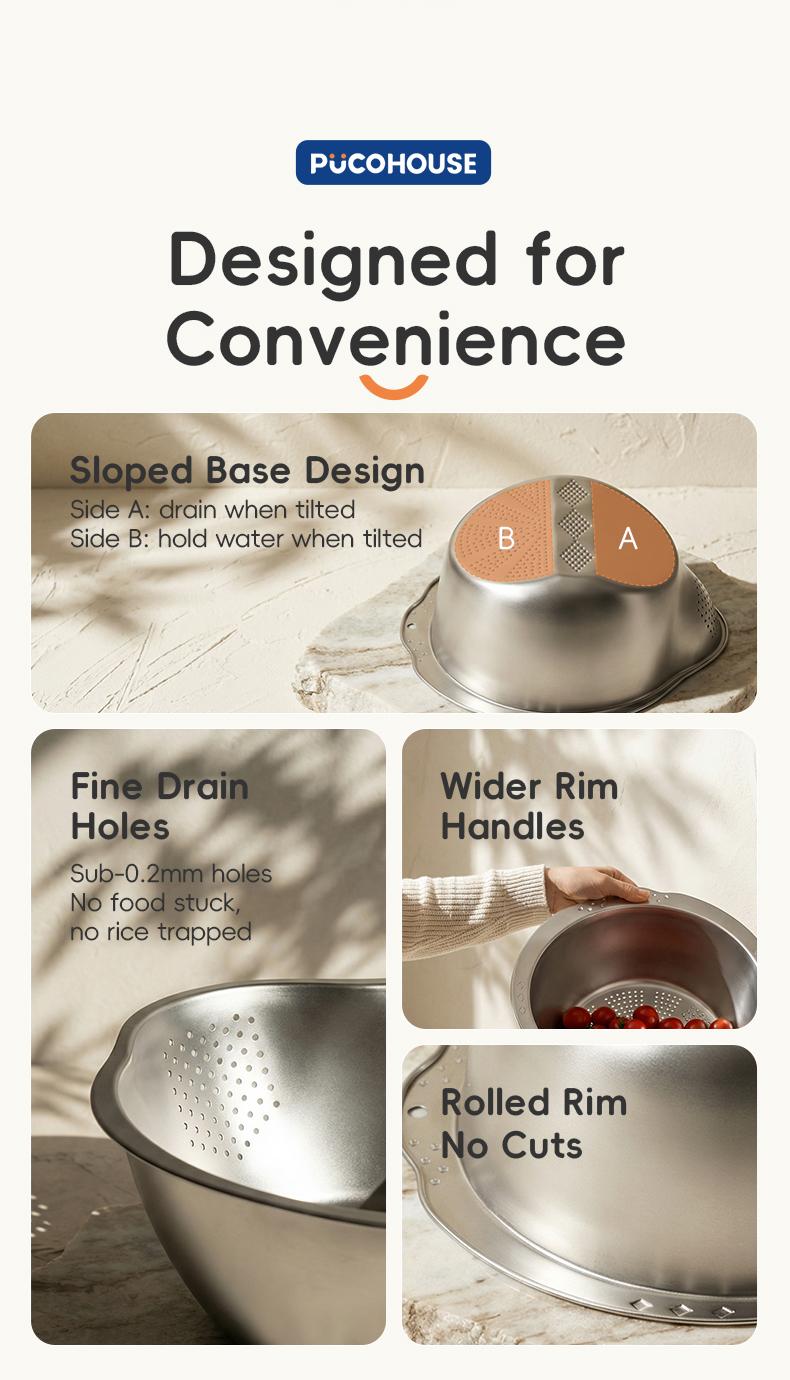 Rice Washer Strainer Bowl with Hook, Stainless Steel Washing Bowl with Side Drain Holes, Rinse Basket for Cleaning Quinoa, Fruits, Vegetables, and Beans – Multifunctional Kitchen Colander