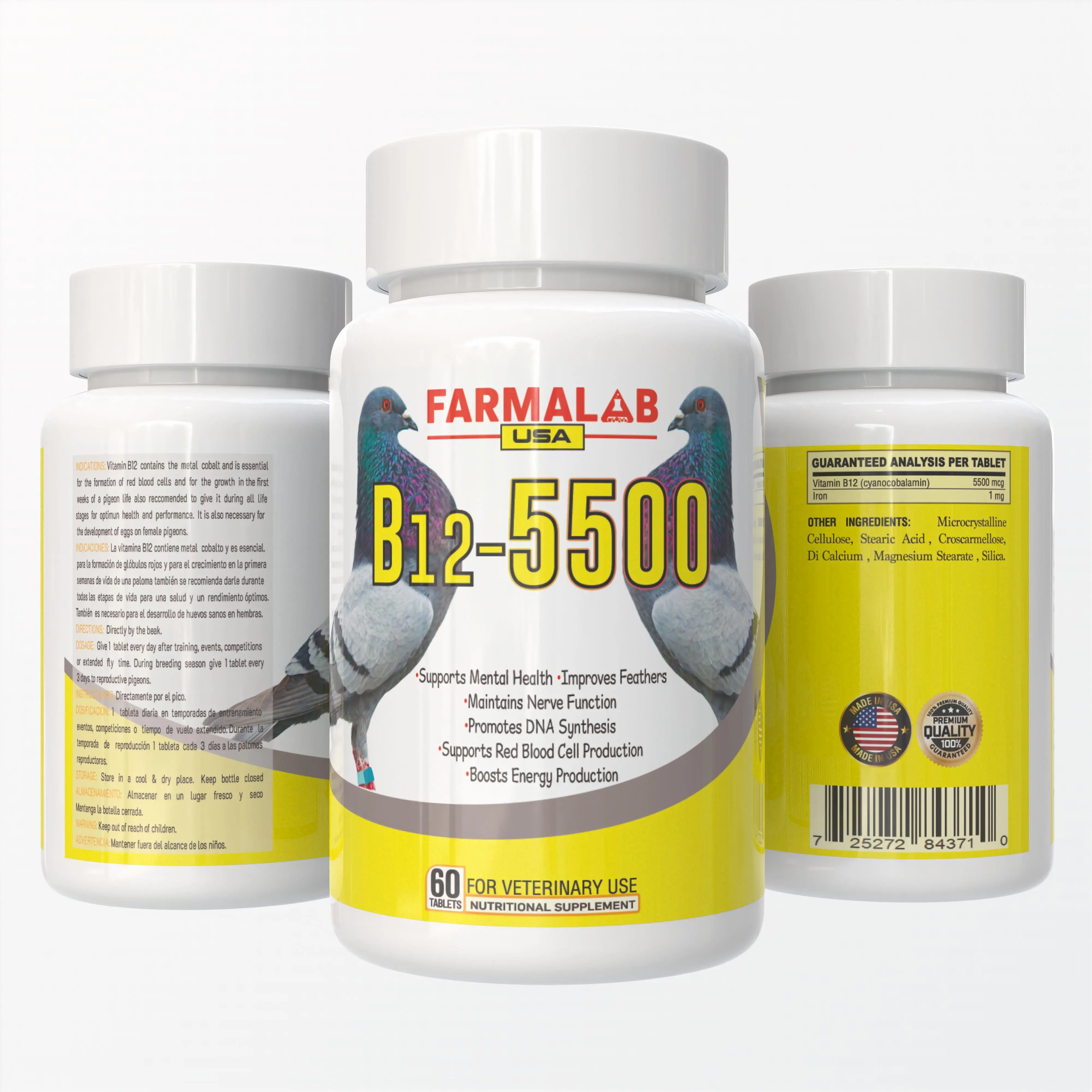 Farmalab B12-5500 Edible Pigeon Vitamin Tablets - 60-Tablet Pet Health Dietary Supplement, 5500 mcg B12, 1 mg Iron, Blood Flow Supplements, Supports Red Blood Cell Production, Boosts Energy, Improves Feather Quality, Brain Support