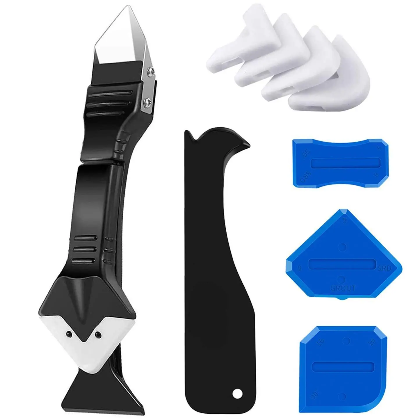 Silicone Caulking Tool Kit, 3 in 1 Caulk Remover & Grout Removal Tool, with 4pc Glass Glue Angle Scraper