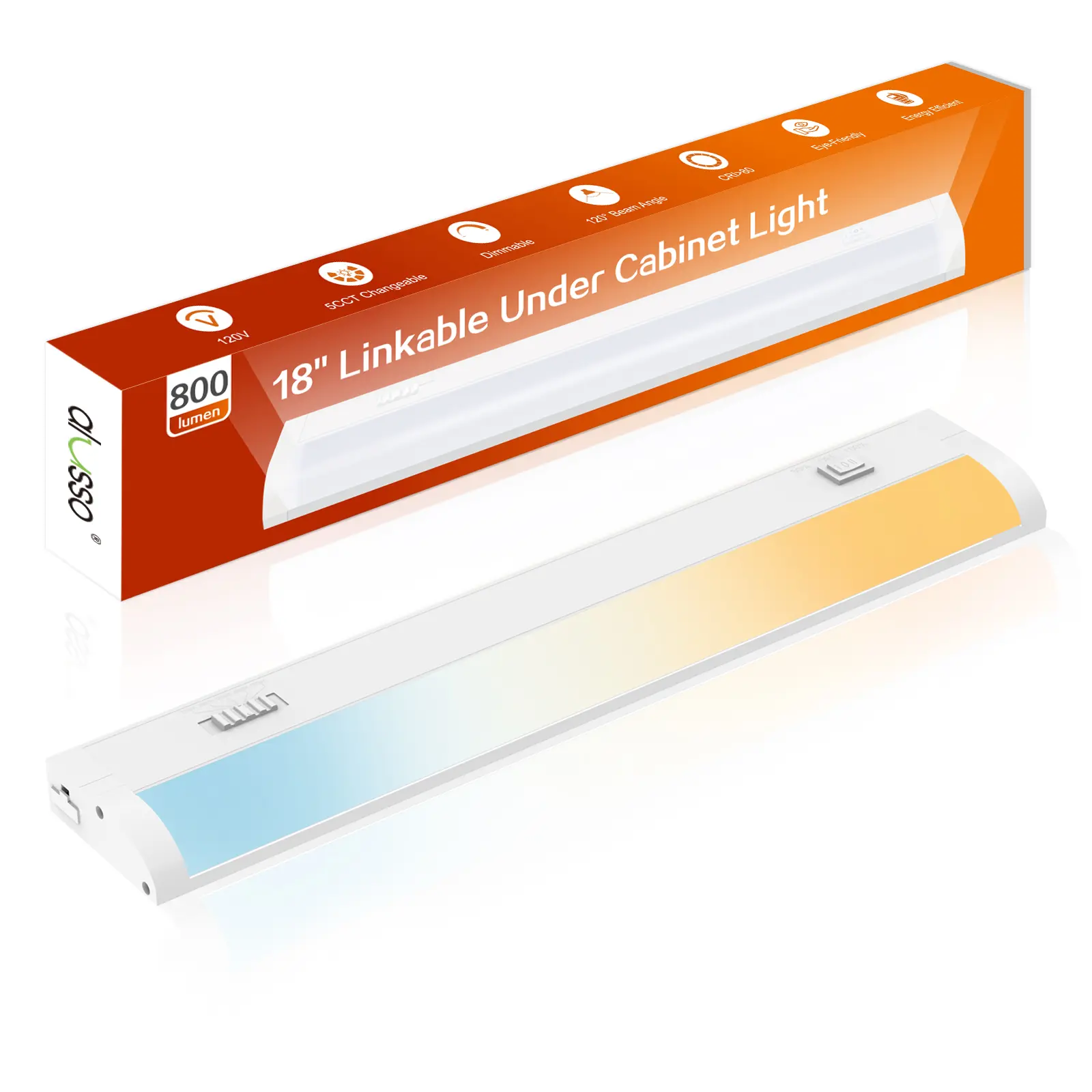 ALUSSO 18 Inch LED Under Cabinet Lighting Plug in & Hardwired, 5CCT Color Selectable 2700K-5000K Dimmable 10W 800LM High Brightness, CRI 90 Strip Linkable Under Counter Lights for Kitchen, 1 Pack