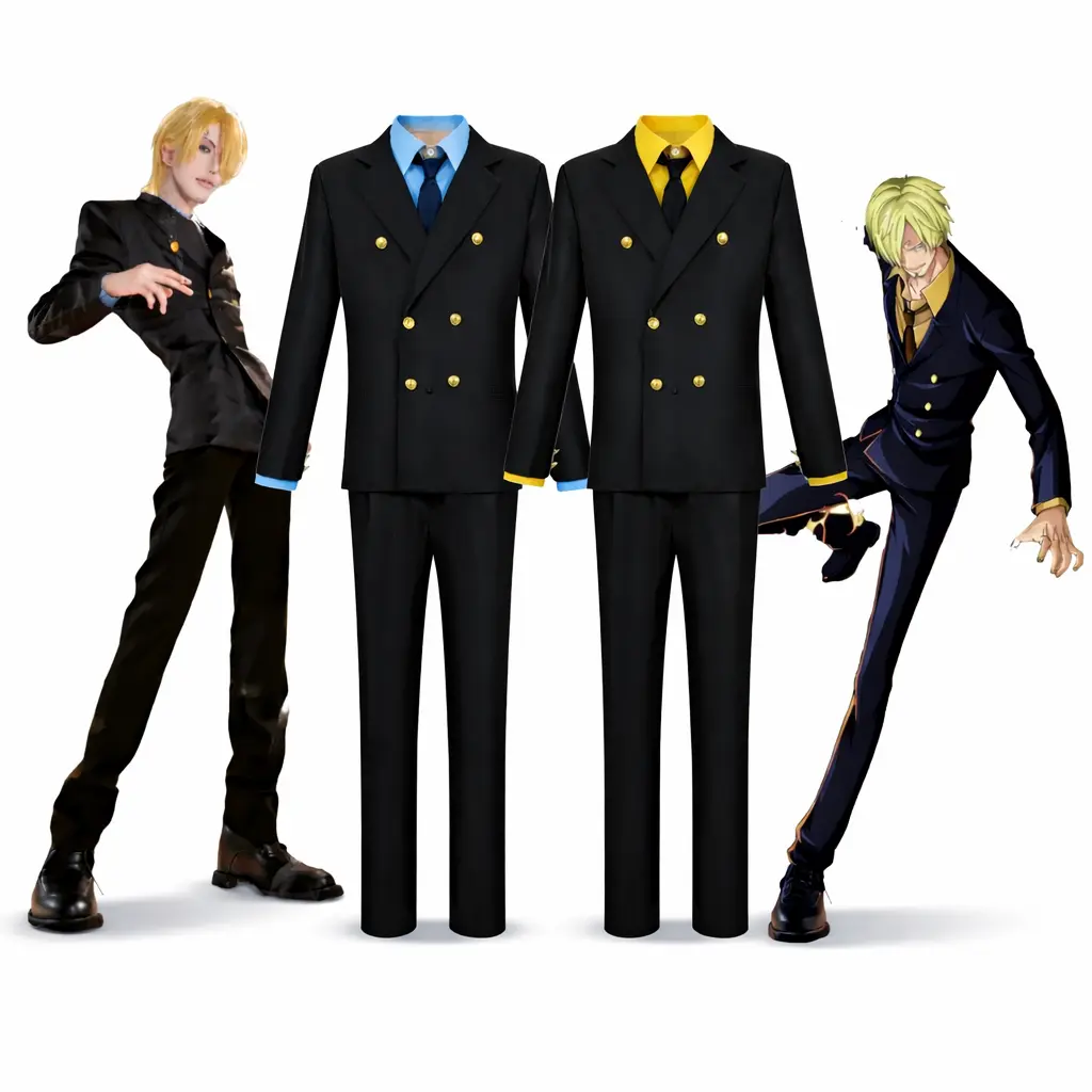 Men's 1-Piece Sanji Cosplay Costume Set, Polyester Plain Fabric with Signature Blue-Yellow Top, Pants and Vest, Ideal for Cosplay Events & Halloween