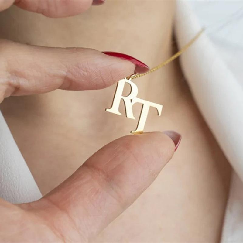 AS184 Custom Interlocking Initial Necklace,  Combined initials Gold Couple Monogram Pendant, Personalized His and Hers Letter Jewelry, Anniversary Gift for Girlfriend, Valentine's Day Present Customized Two Initials Necklace Gold Rope Chain