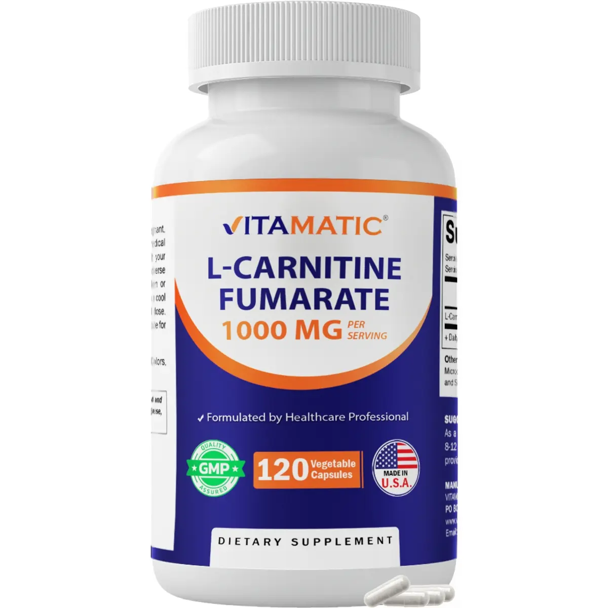Vitamatic L-Carnitine Fumarate 1000mg Cellular Energy Supplement - 120 Vegetarian Capsules, Fitness Training Support, Daily Supplemental Nutrition Support, Sugar Free, Gluten Free