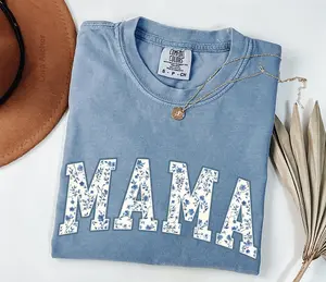 Comfort Colors Custom Mama Shirt, Retro Blue Toile Floral Est 2026 Crewneck, Coquette Mom Gift, New Mom Shirt With Bow - LORA ATCHER