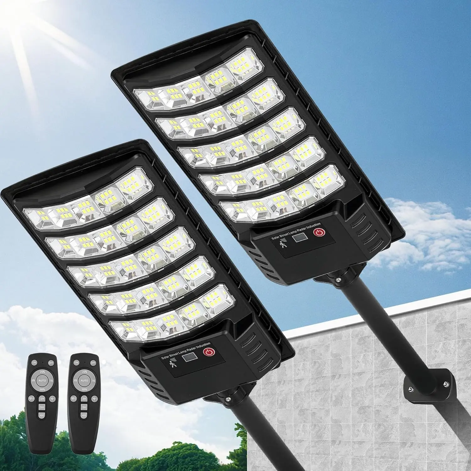 2 Pack Solar Street Lights Outdoor Waterproof, High Lumen Solar Outdoor Flood Lights with Motion Sensor, Lamparas Luces Solares para Exteriores Dusk to Dawn Commercial Lighting for Yard