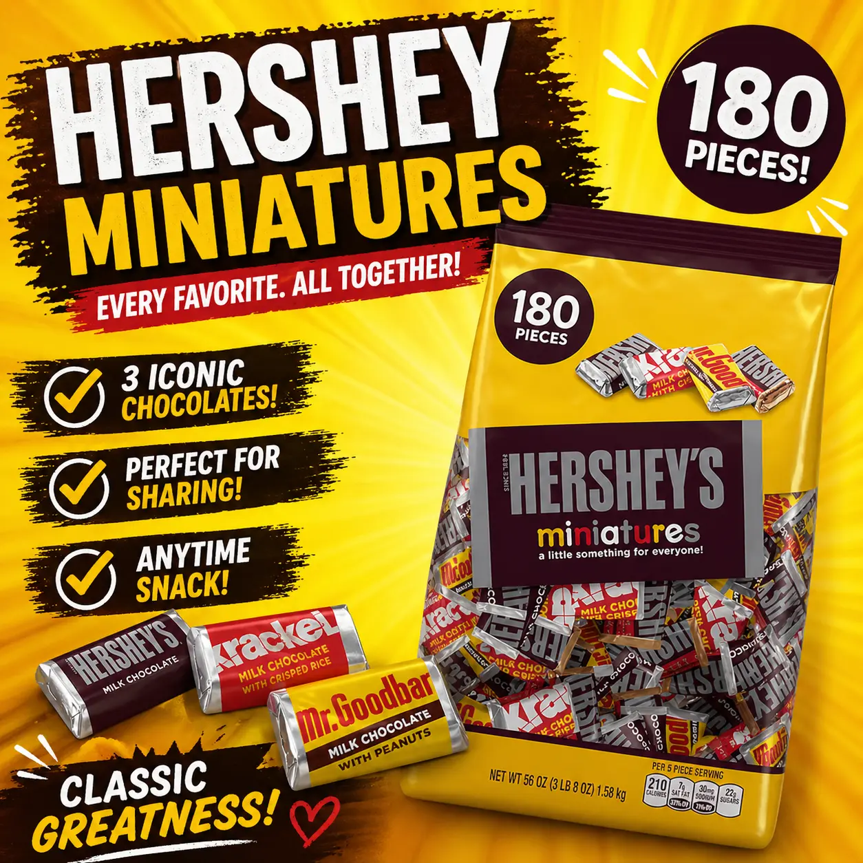 HERSHEY'S Miniatures Assorted Chocolate Candy 56 oz Bulk Bag  Individually Wrapped Assorted Chocolate Bars | Bulk Party, Halloween & Office Treats