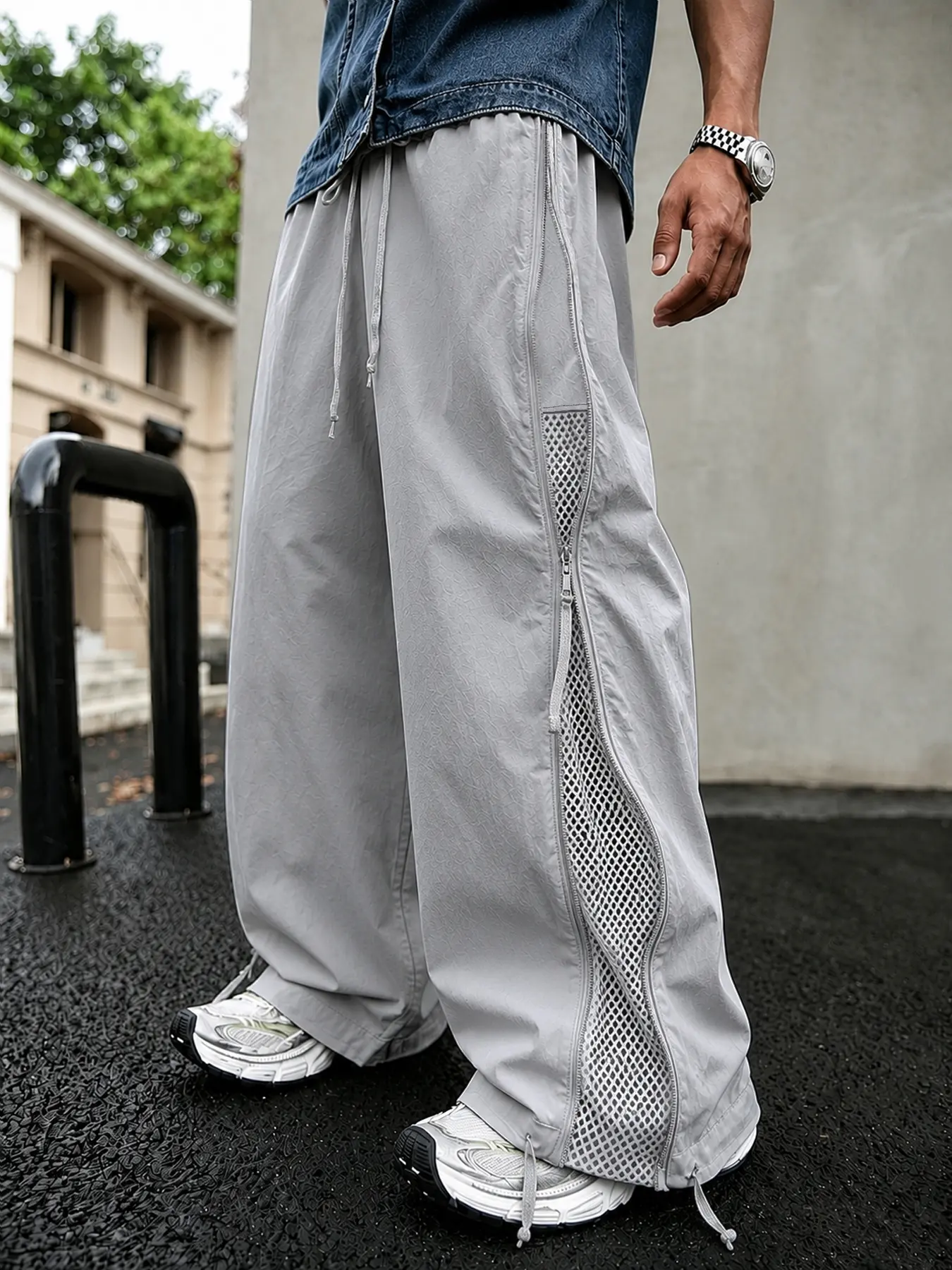 Men's Plain Loose Parachute Pants - Straight-Leg, Side Zipper, Mesh Splicing Inserts, Drapey Design Athletic Activewear for Hot Humid Summer