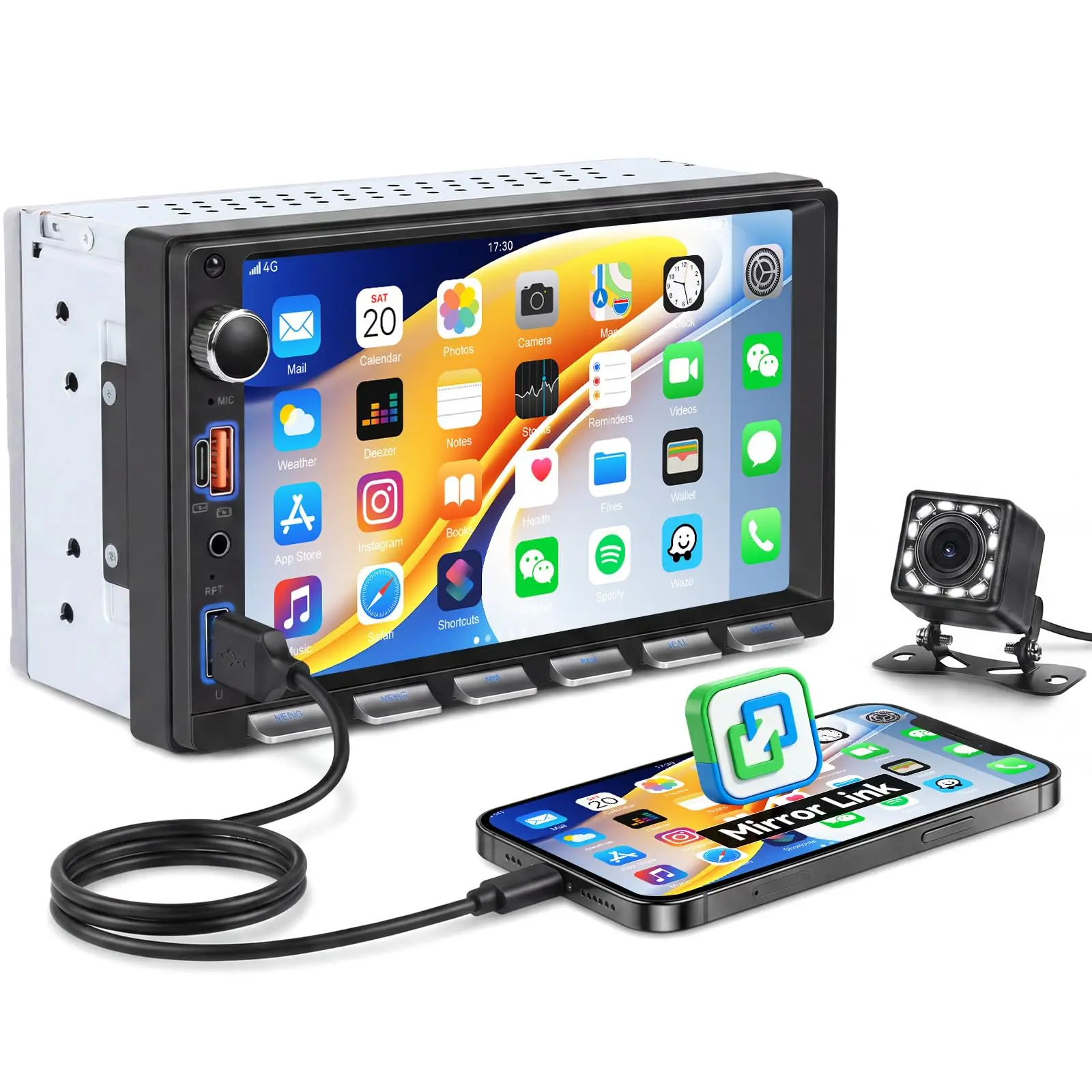 7 Inch Double Din Car Stereo with Backup Camera Bluetooth 5.0 Hands-Free HD Touch Screen Car Radio MP5 Player Support Mirror Link, FM/Type-C/USB/AUX/SWC Car Audio Receiver