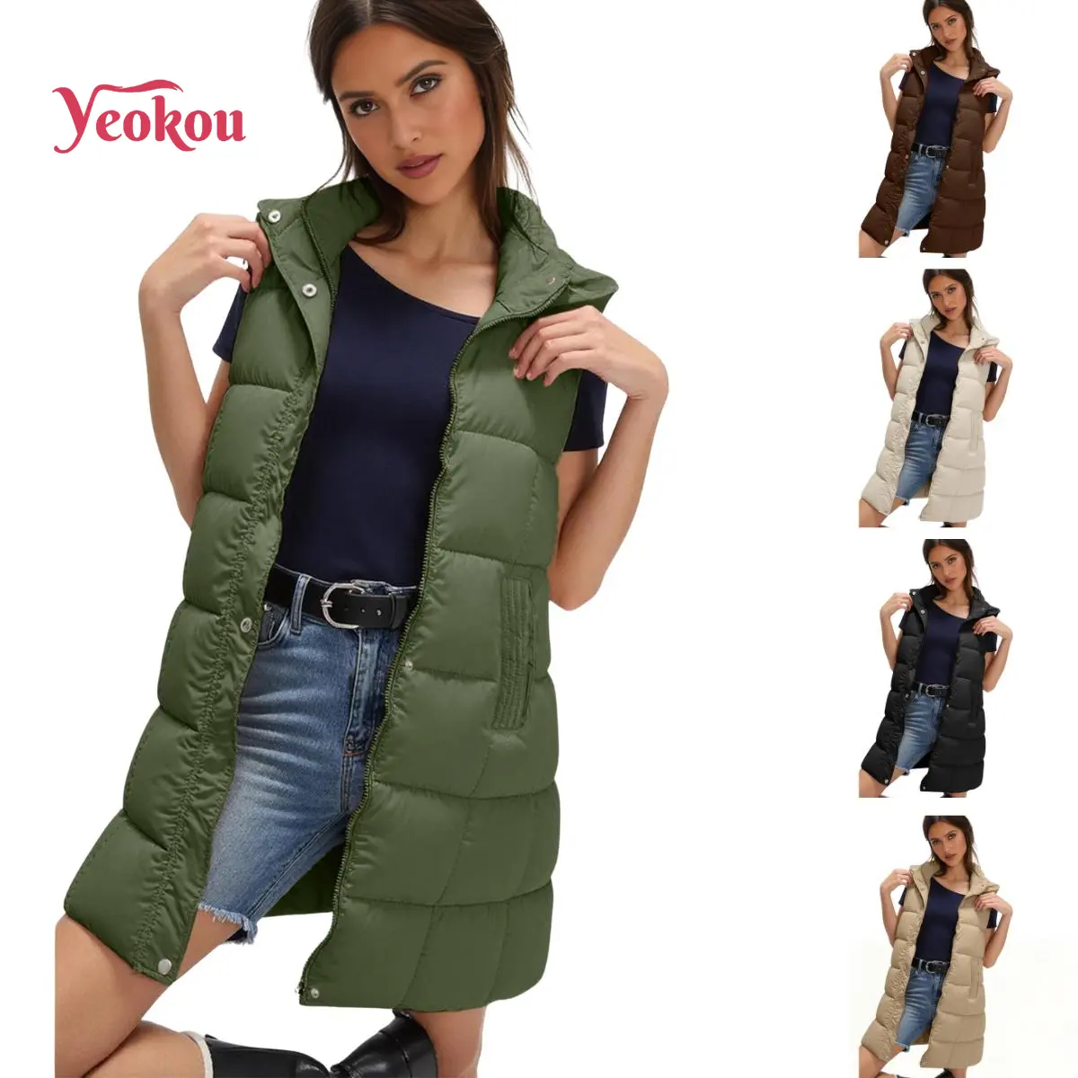 Yeokou Women's Casual Lightweight Puffer Vest, Basic Cotton Long Sleeveless Outerwear Tops with Hood and Zipper, Pocket