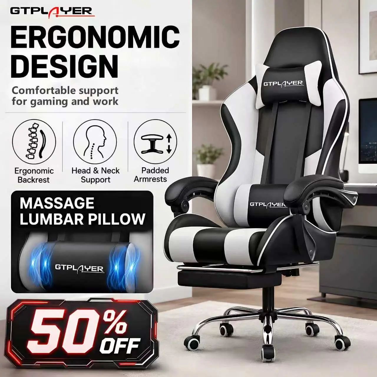 GTPlayer Classic Ergonomic Gaming Chair - PU Leather/Fabric Office Furniture, 360° Swivel Desk Chair with Padded Arms, Footrest, Lumbar Support, Headrest, Height Adjustment for Gamers, Man Cave Ideas, WFH Setup, Posture Fix, Low Back Pain Relief