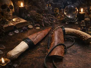 Hand-knapped Red Jasper ritual knife with natural antler handle by George Brooks