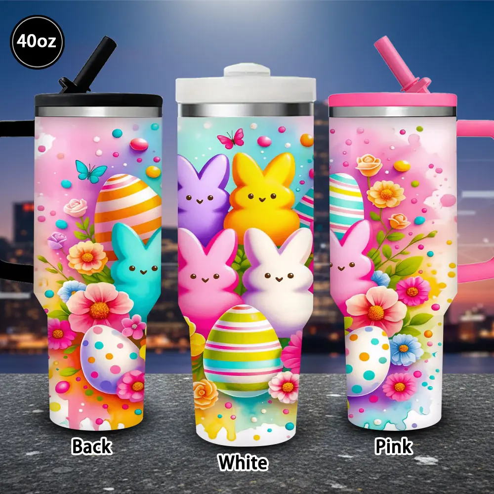 40oz Insulated Travel Tumbler with Lid + Straw, Colorful Spring Scenery & Easter Bunny-Egg Design, Valentine Gift for Women, Iced/Hot Coffee Kitchen Drinkware Vacuum Flask