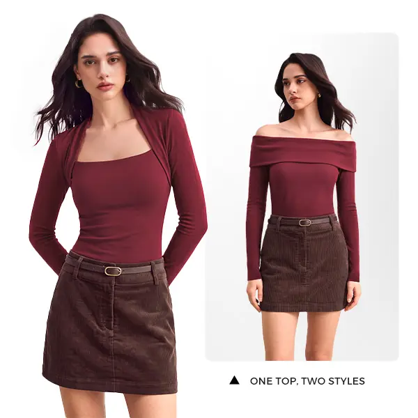 C202 Women’s Multi-Wear Square Neck & Off Shoulder Bolero Top, Lightweight Wool Blend Fitted Long Sleeve Shirt, Soft Stretchy Going Out Top for Fall, Everyday & Office Wear