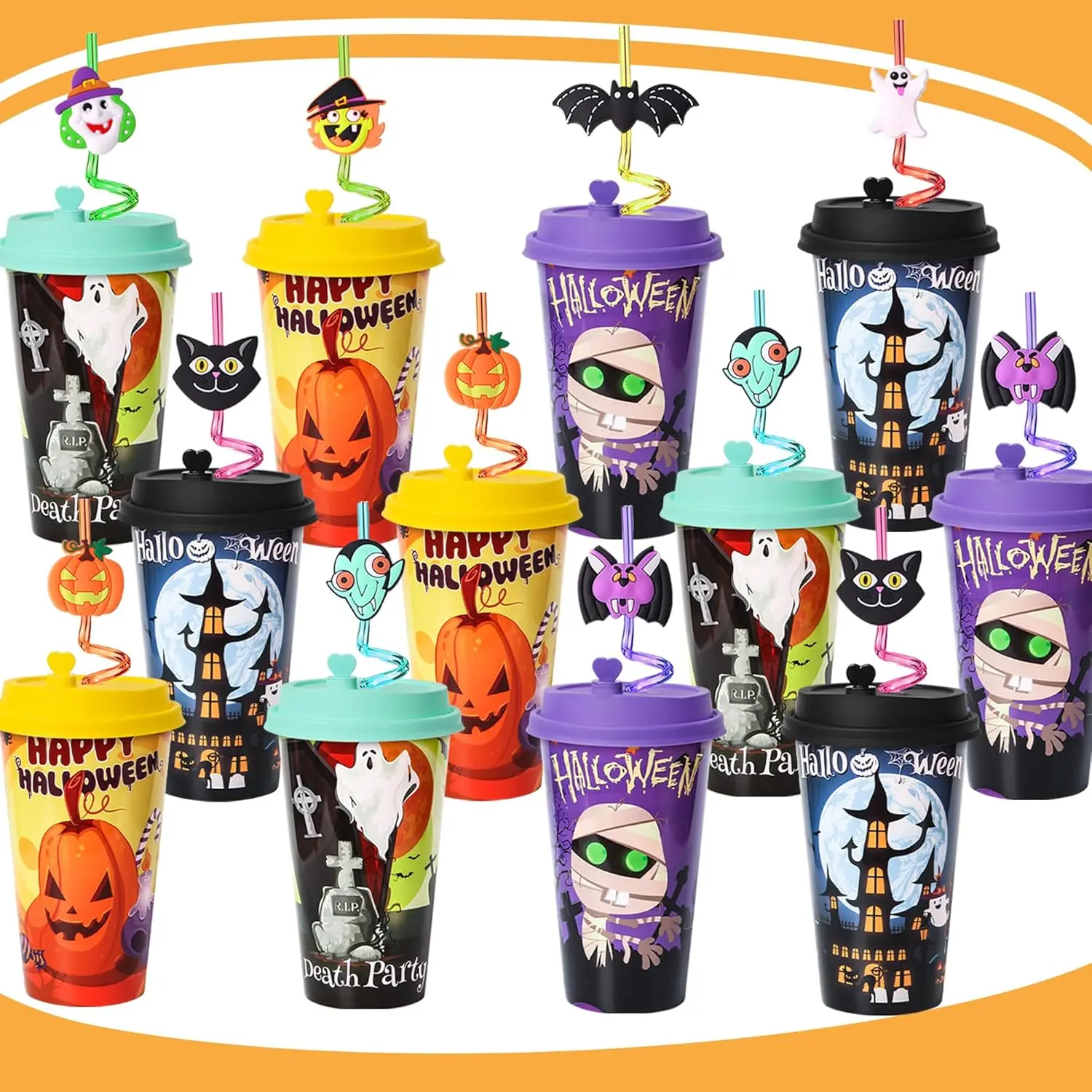 Halloween Fall Gift 24 Pack Halloween Party Decorations Cups with Lids and Silly Straws Bulk, 16 OZ Plastic Cups with Bats, Ghost, Pumpkin, Witch Pattern, Halloween Party Favors Goodie Bags Supplies for Kids