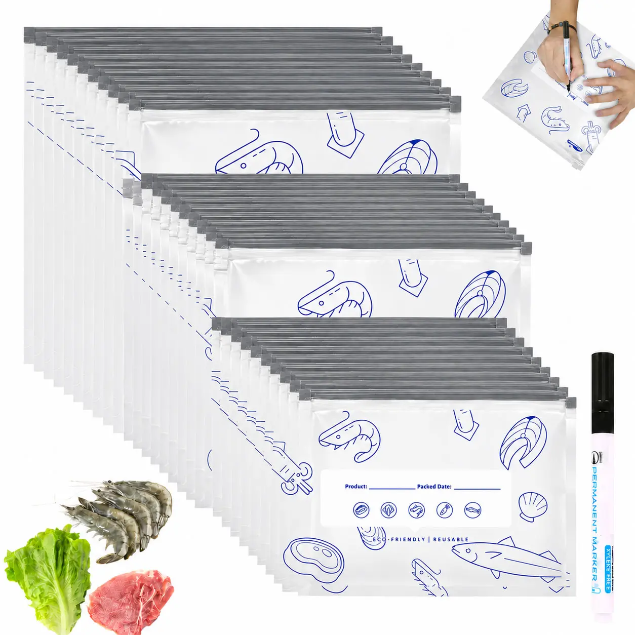 【Refrigerated Food】Reusable Aluminum Foil Sealable Storage Bags, 2026 New Resealable Vacuum Zipper Pouches for Food, Stand Up Foil Sealable Bags with Label and Zip Lock for Vegetable Fruit Meat