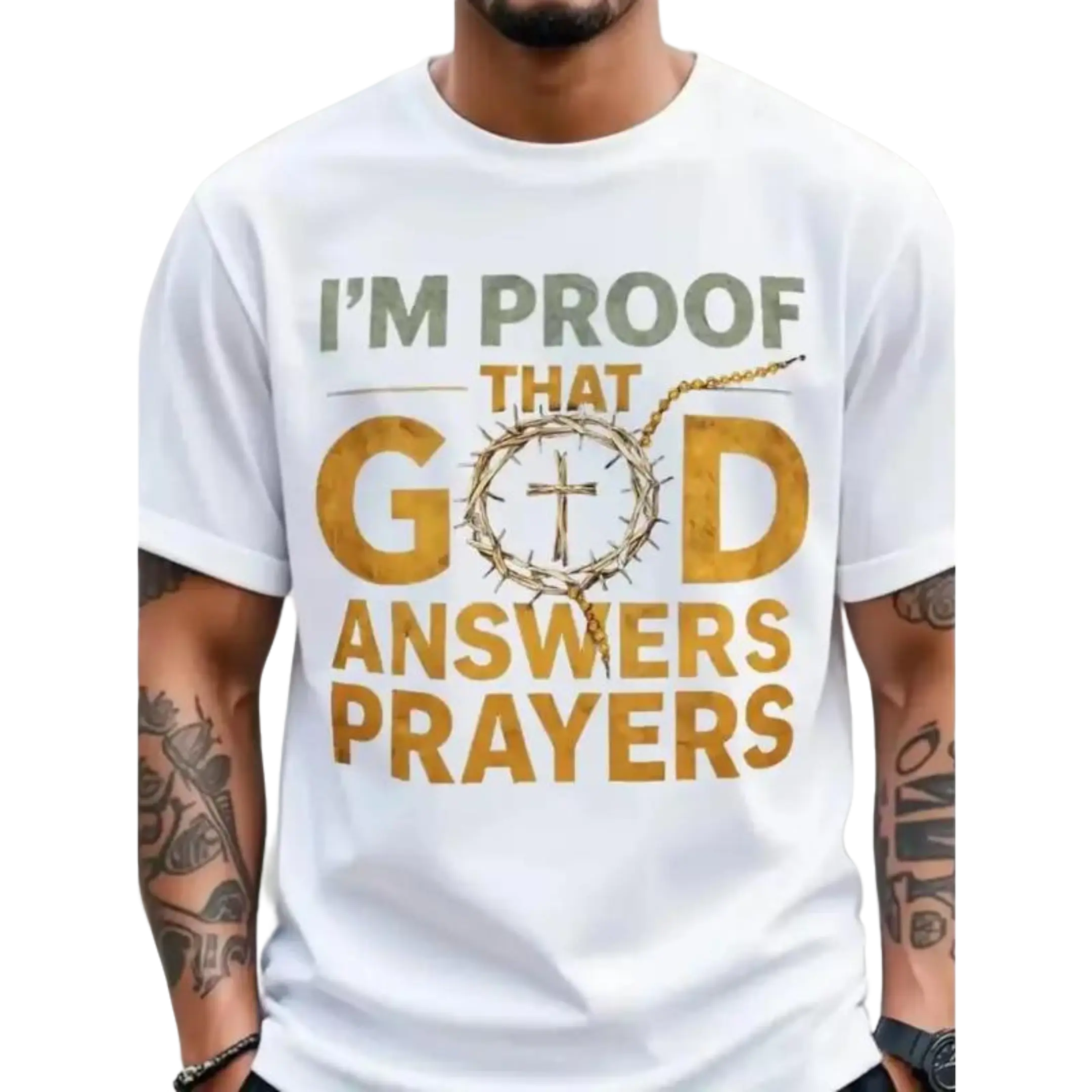 Men's Christian T-Shirt "I Am God's Response to Prayer" with Crown & Cross Design - Golden Lettering, Ultra-Soft Breathable Fabric, White/Black Round Neck Short Sleeve Shirt for Church, Easter, Christmas - Religious Apparel for Prayer Meetings