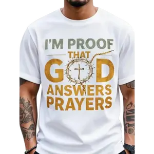 Men's Christian T-Shirt "I Am God's Response to Prayer" with Crown & Cross Design - Golden Lettering, Ultra-Soft Breathable Fabric, White/Black Round Neck Short Sleeve Shirt for Church, Easter, Christmas - Religious Apparel for Prayer Meetings