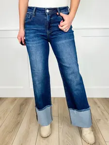 Risen Hadley Mid-Rise Wide Leg Jeans - Dark Wash (Cuffed, Non-Distressed)