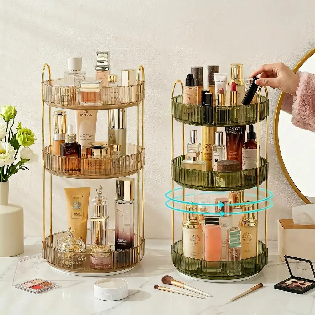 Rotating Makeup Organizer Countertop ，Large-Capacity Skincare Make Up Storage 3 Tier Lazy Susan Trays Clear Skincare Perfume Storage for Bathroom Counter Vanity, Amber Gold