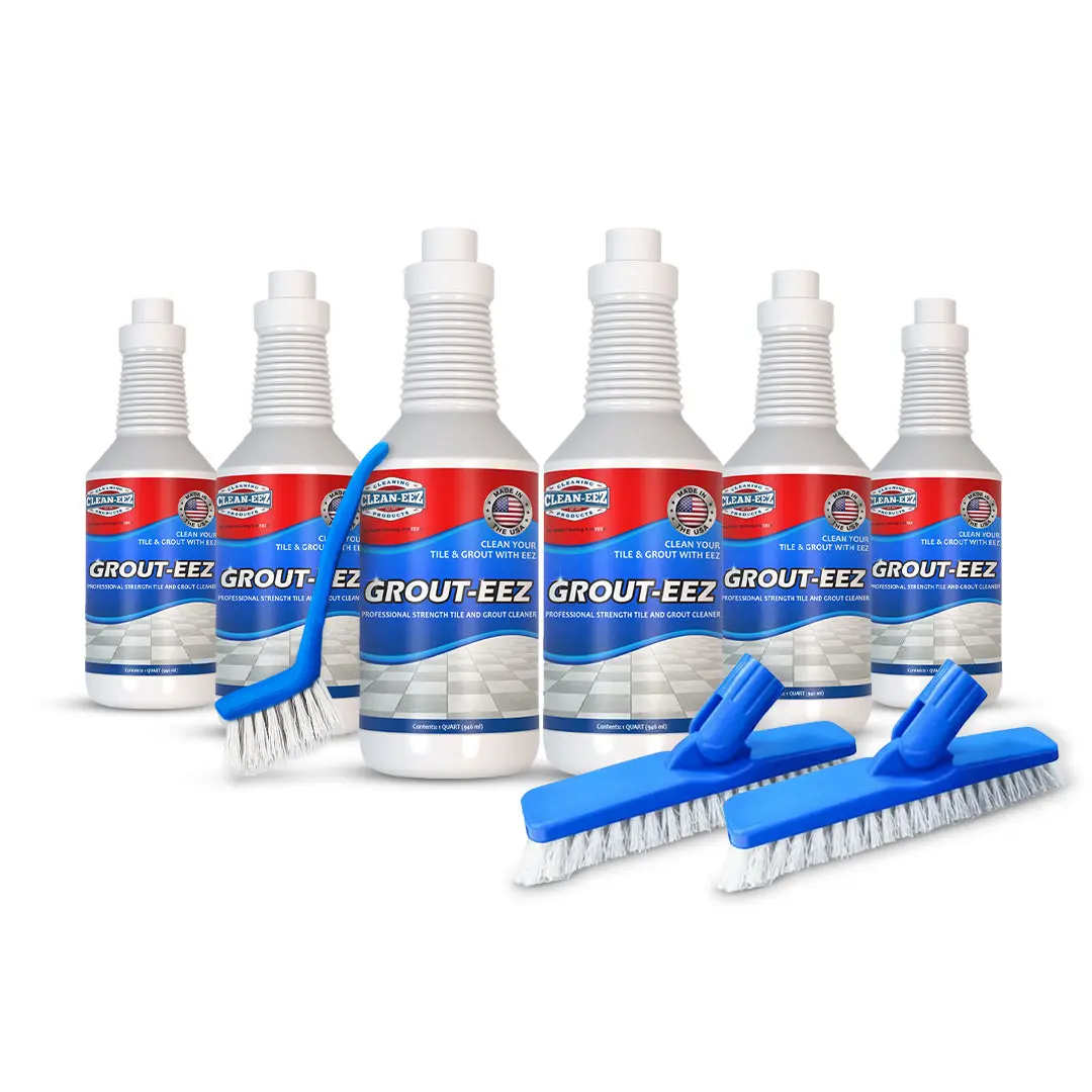 Grout-eez 6 Bottle Bundle - Grout Cleaner with V-Shape Scrub Brush and Stand-Up Brush, Clean Tile Floors Without Kneeling, Removes Grout Stains Fast, Ceramic & Porcelain Tile | Clean-eez