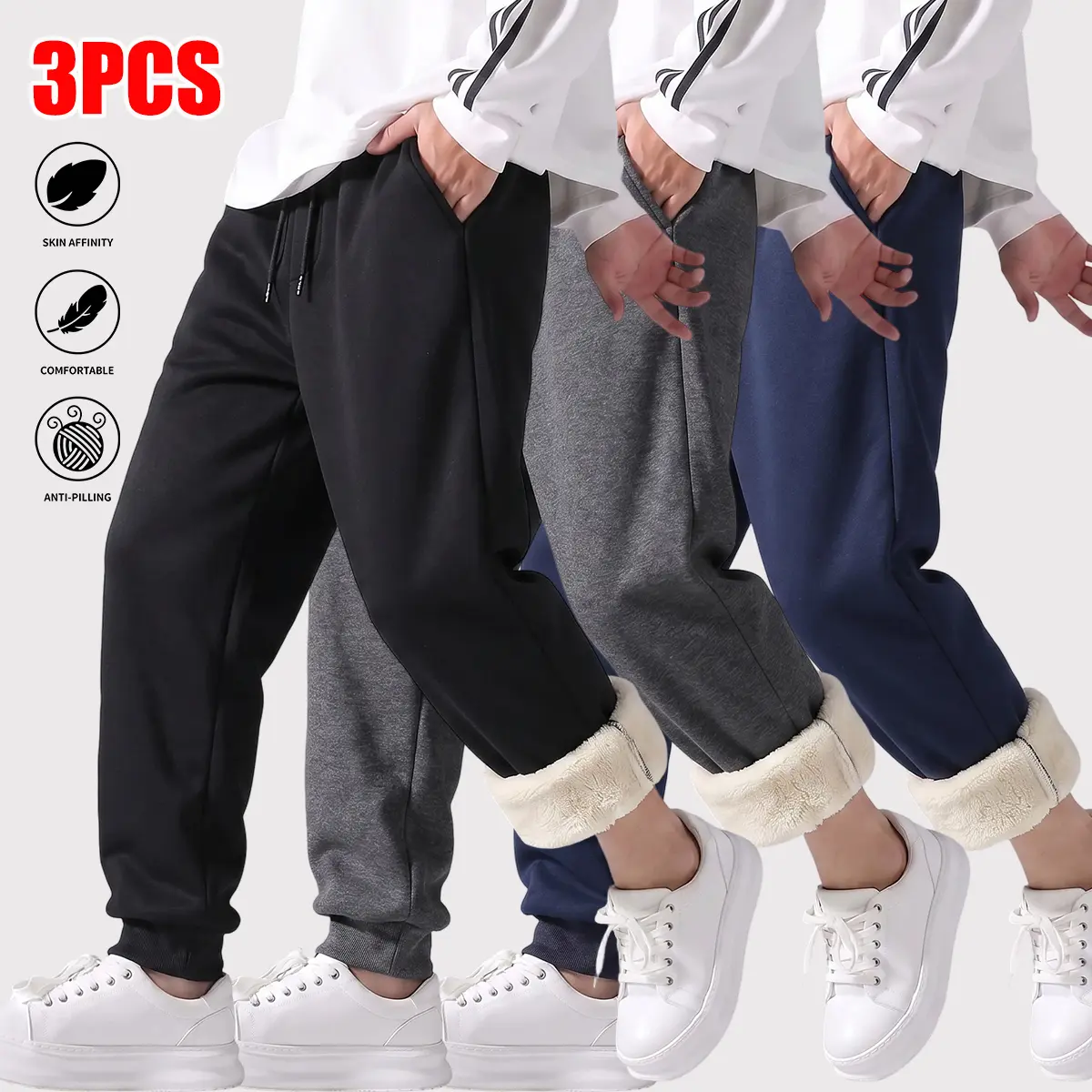 Men's solid fleece sweatpants-style pants, loose straight cut with adjustable cord and two deep pockets, suitable for gym warm-ups, grocery errands, or travel days – made from premium polyester with plush sherpa lining – keep cozy, sharp