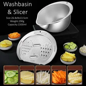 LFGB Certificated 304 Stainless Steel Washing Basin Strainer with Vegetable Fruit Cutting Board Multifunctional Cutter Slicer