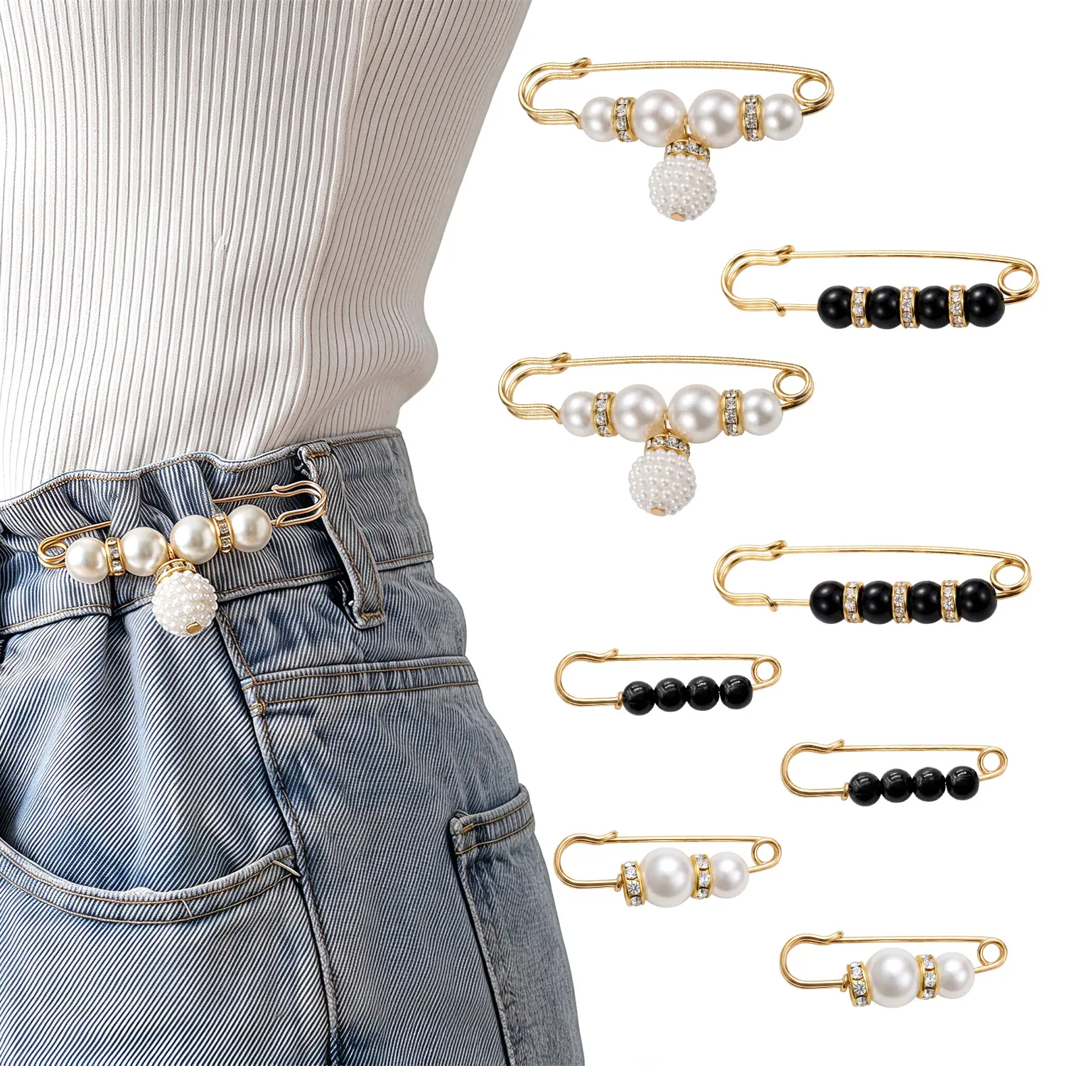 8 PCS Pearl Brooch Pins, Clothing Dresses Decoration, No Sewing Sweater Shawl Safety Pins Cardigan Collar Safety Pins for Women Faux Pearl Pant Tightener, Mixed Style Assortment