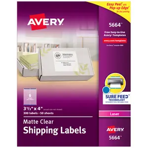 Avery Printable Shipping Labels with Sure Feed, 3-1/3" x 4", Matte Clear, 300 Blank Mailing Labels (5664)