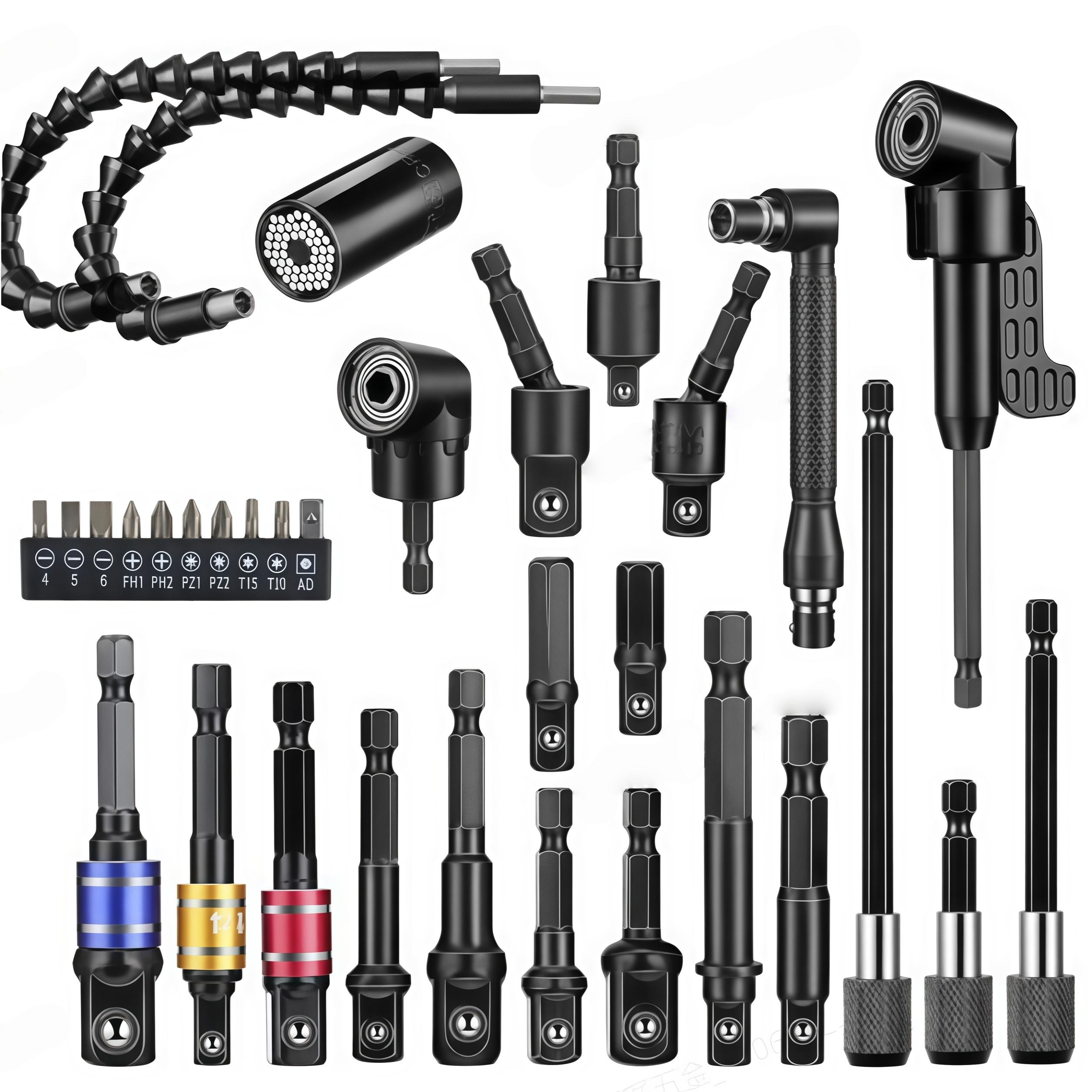 17Pcs Flexible Drill Bit Extension, Include 3Pcs Rotatable Socket Adapter 2Pcs Hex Shank 105° Right Angle Drill Attachment 10 Short Screwdriver Bits 90° Angled Bits and Bendable Extension