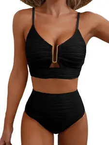 2 Piece Bikini Set U-Wire Cutout Popular Swimsuit High Waisted Textured 2026 Summer Beach Swim Bathing Suits